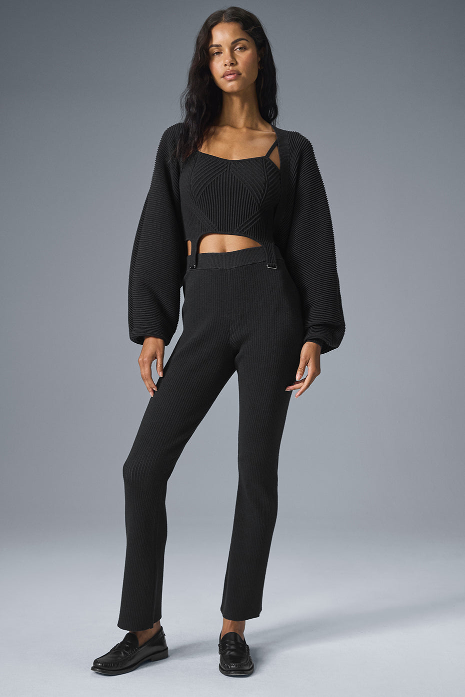 alo Denim Knit High-Waist Flare Pant - Black/Anthracite