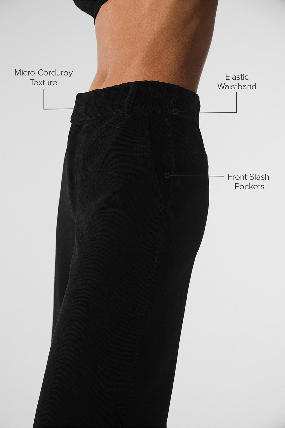 alo Micro Corduroy Mid-Rise Dreamer Wide Leg Trouser - Black