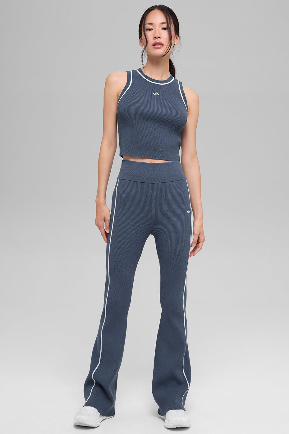 alo Ribbed Sweater Knit Highline Flare Pant - Bluestone/White