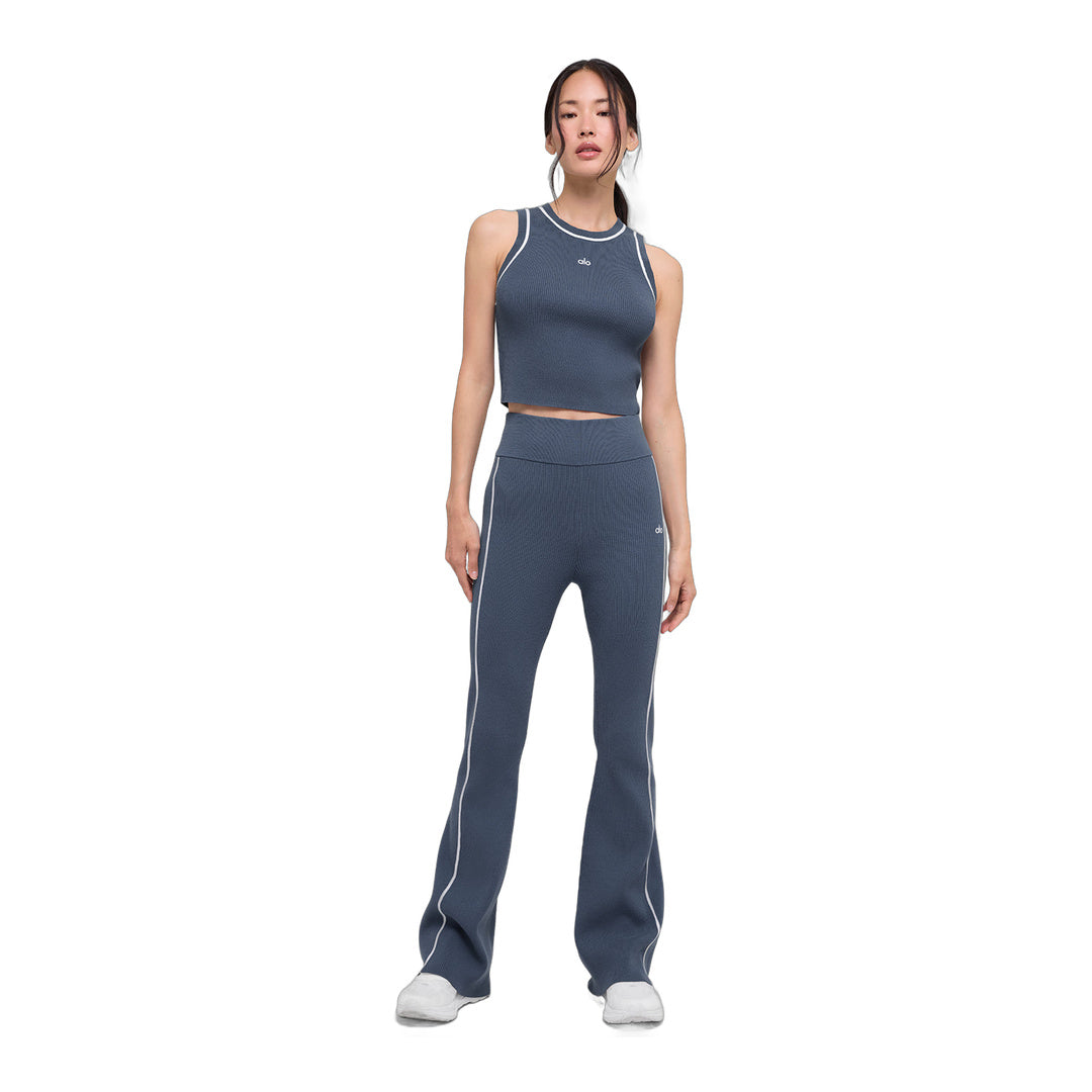 alo Ribbed Sweater Knit Highline Flare Pant - Bluestone/White