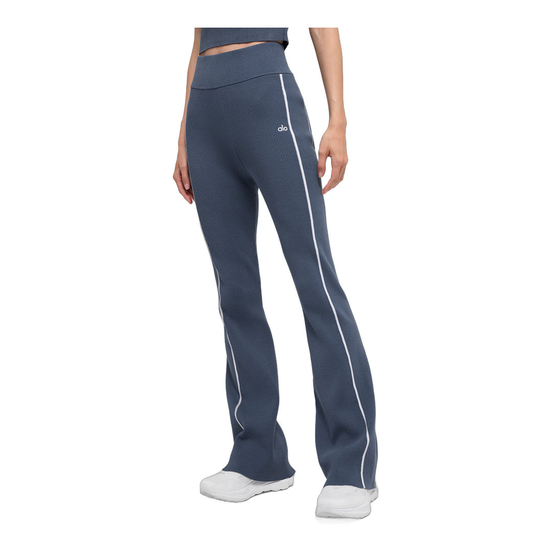 alo Ribbed Sweater Knit Highline Flare Pant - Bluestone/White