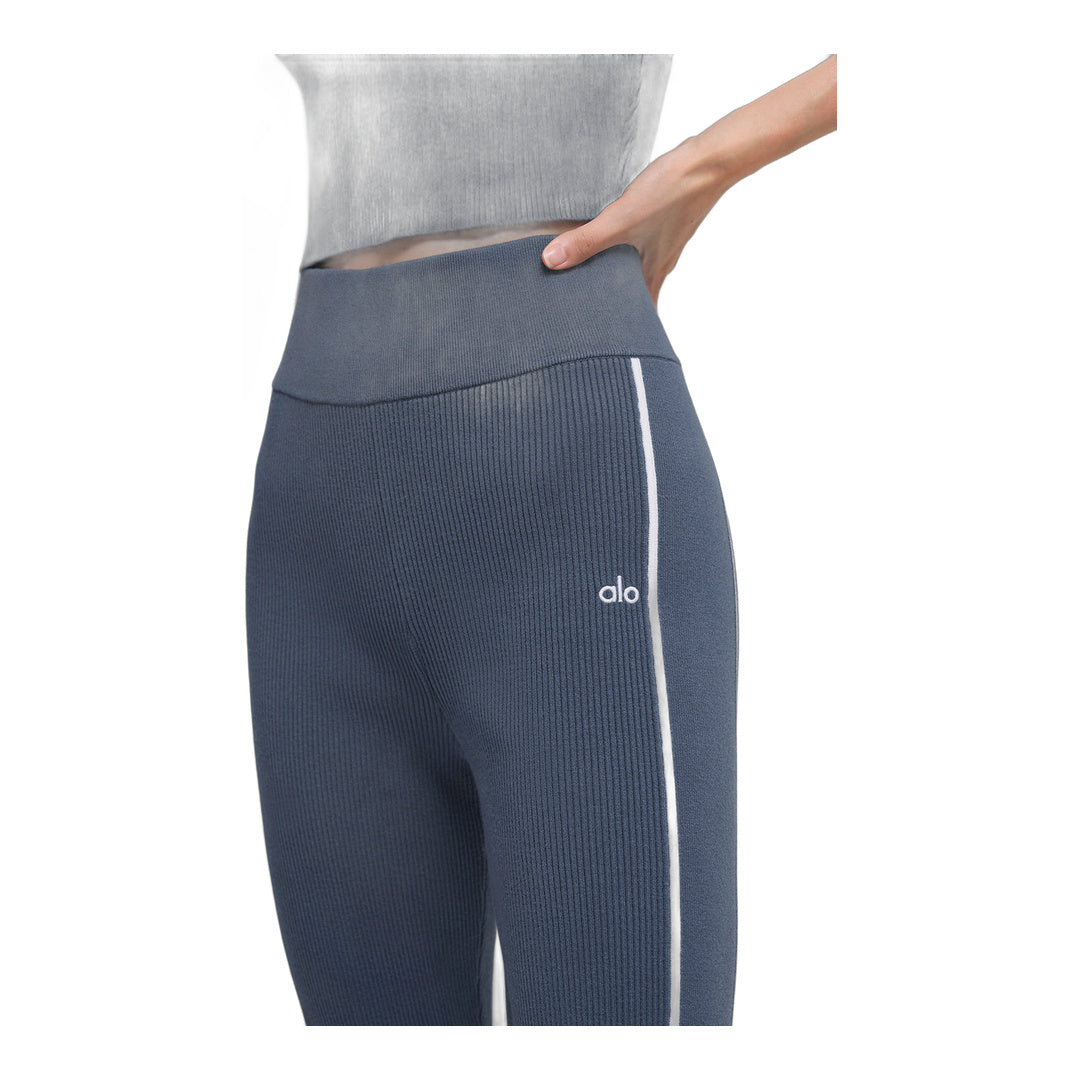 alo Ribbed Sweater Knit Highline Flare Pant - Bluestone/White