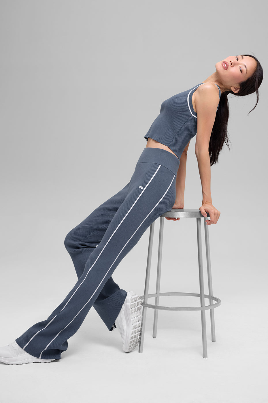 alo Ribbed Sweater Knit Highline Flare Pant - Bluestone/White