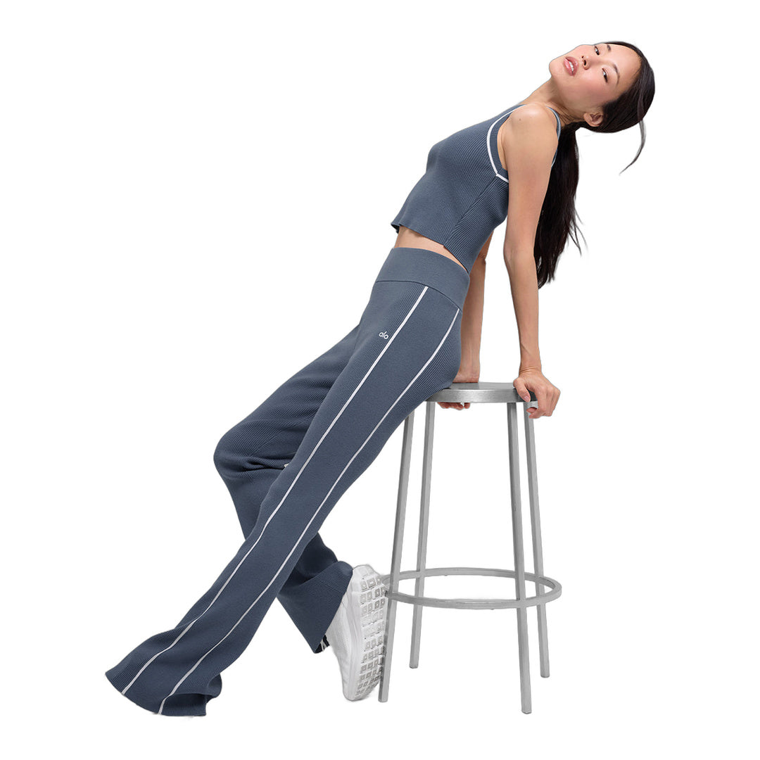alo Ribbed Sweater Knit Highline Flare Pant - Bluestone/White