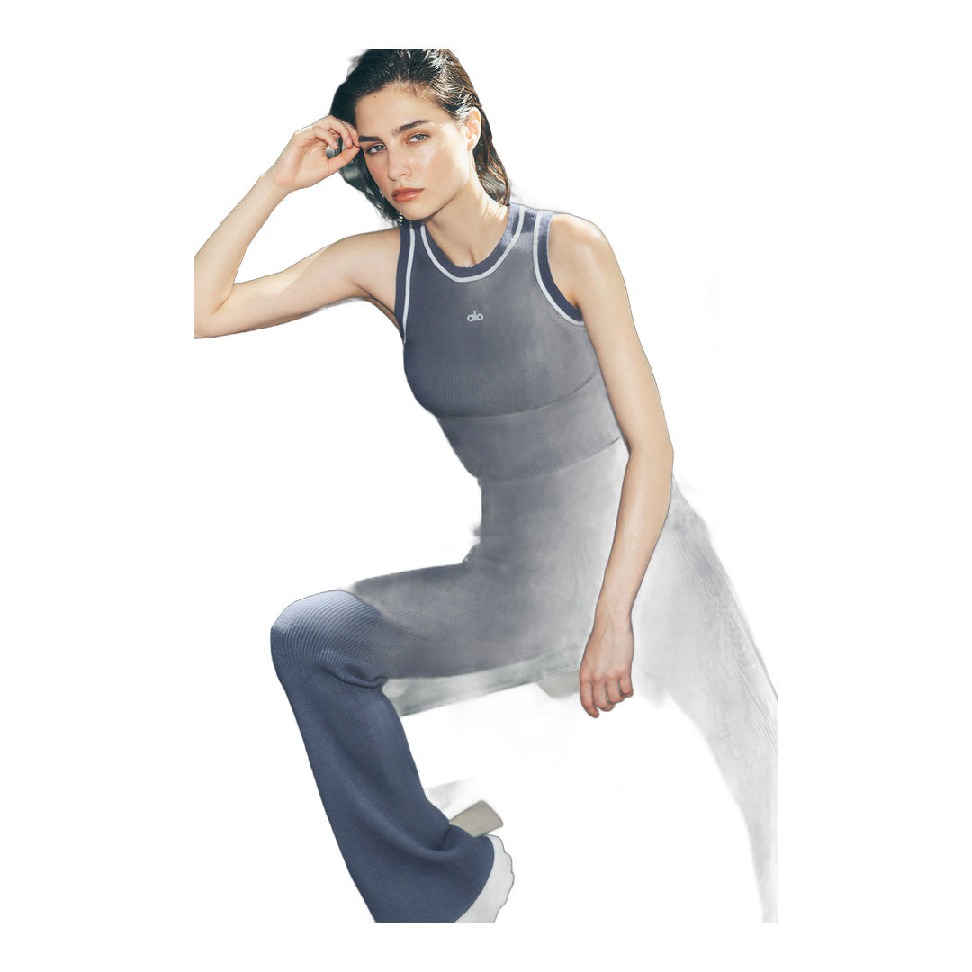 alo Ribbed Sweater Knit Highline Flare Pant - Bluestone/White
