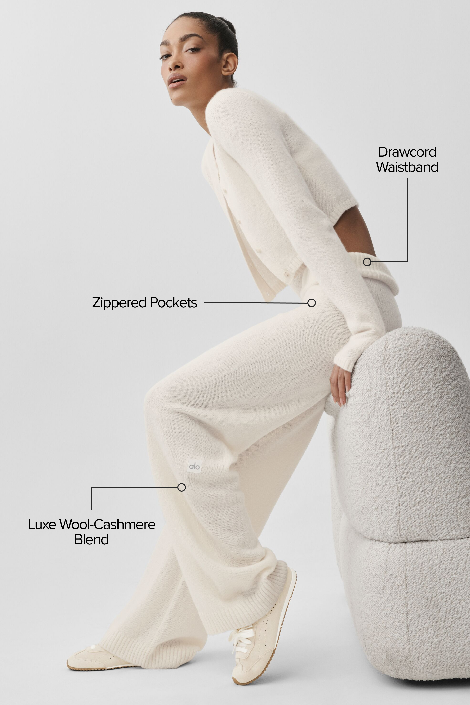 alo Wool Cashmere High-Waist New Class Wide Leg Pant - Ivory