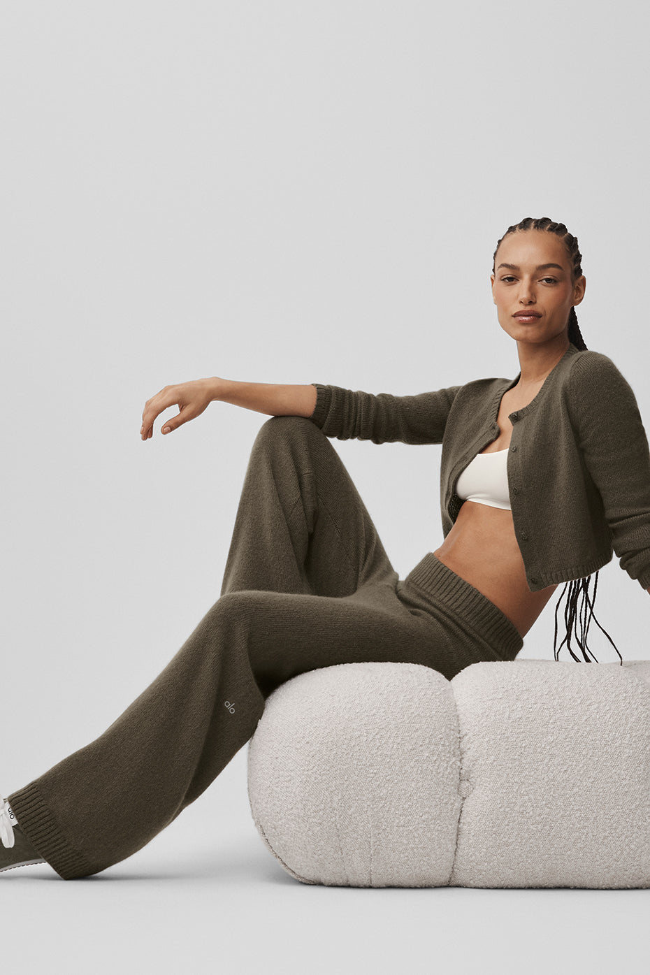 alo Wool Cashmere High-Waist New Class Wide Leg Pant - Olive Tree