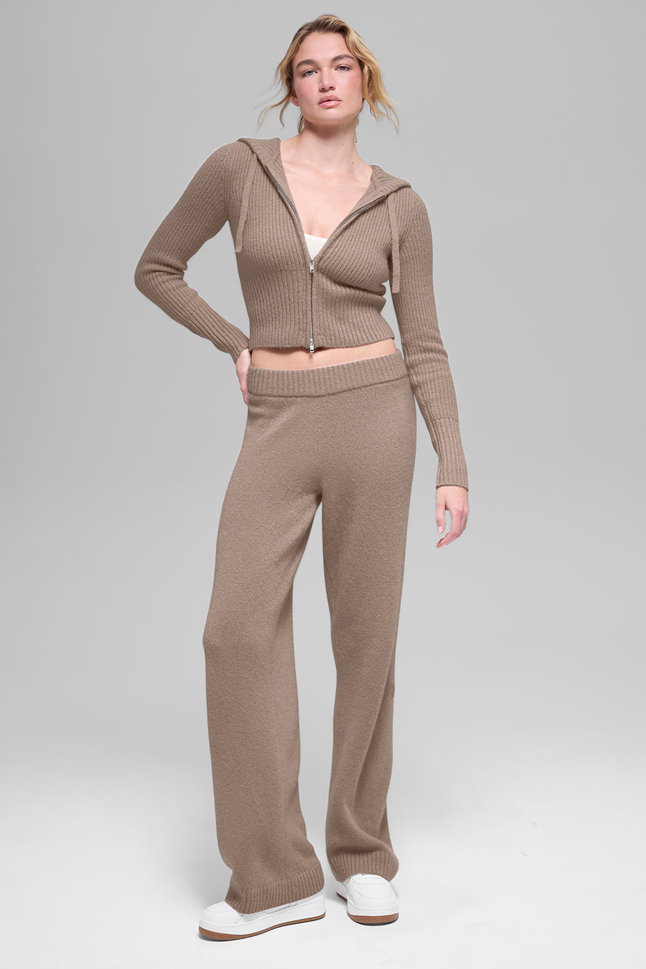 alo Wool Cashmere High-Waist New Class Wide Leg Pant - Chai Latte