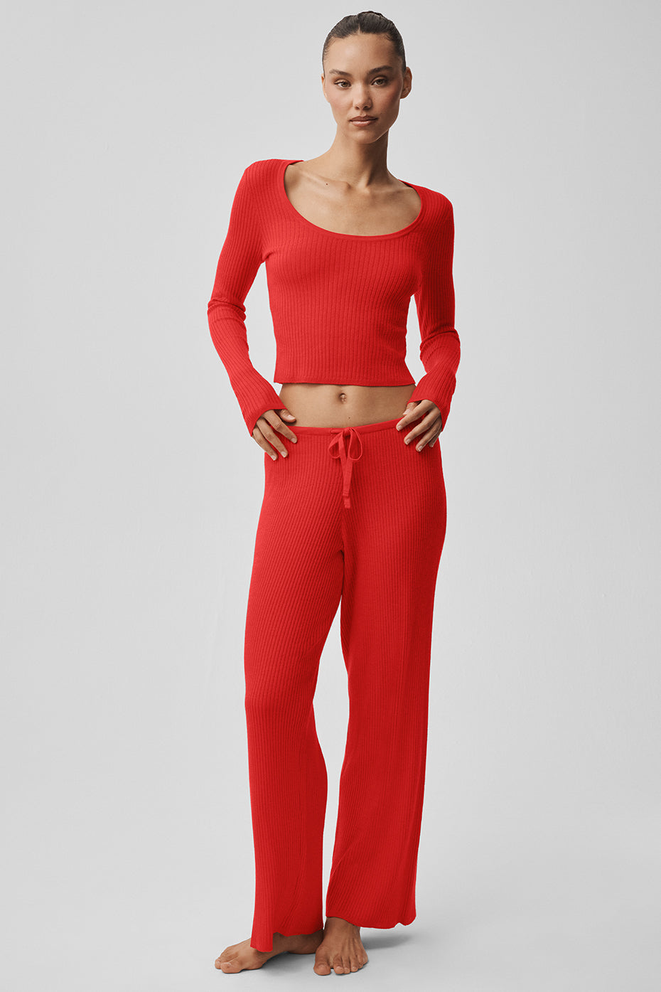 alo Sweater Knit Mid-Rise Unwind Wide Leg Pant - Bright Red