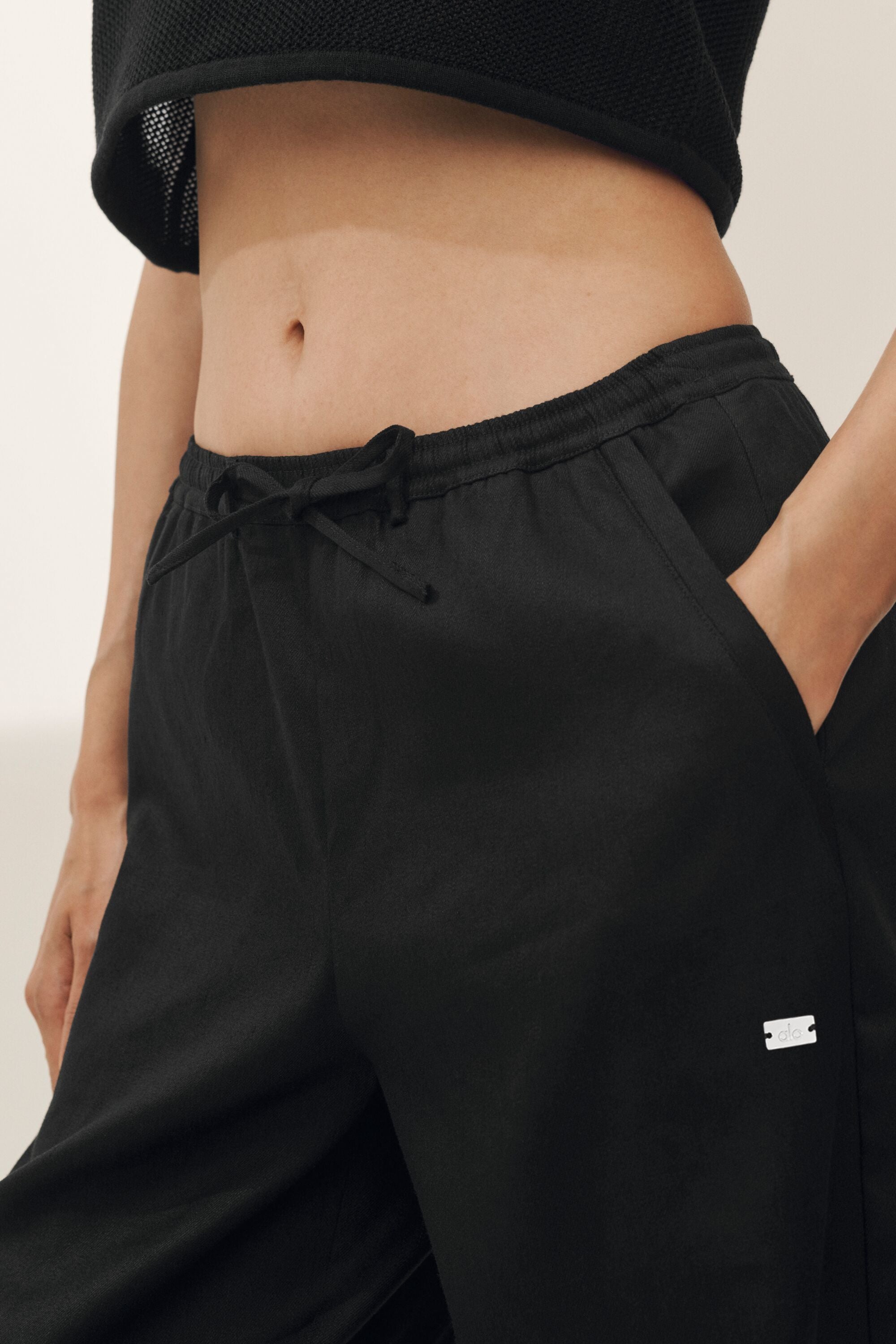 alo Linen Blend Riviera Wide Leg Pant - Black