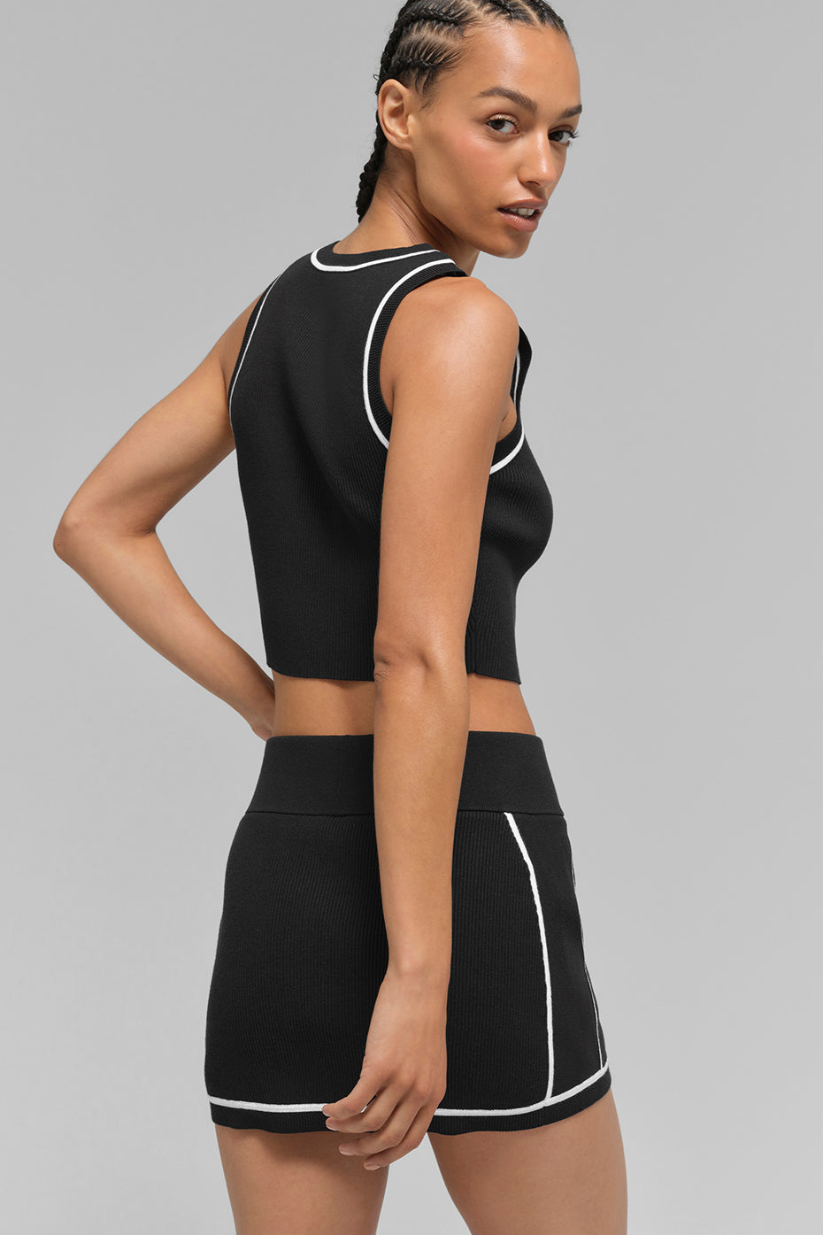 alo Ribbed Sweater Knit Highline Mini Skirt - Black/White
