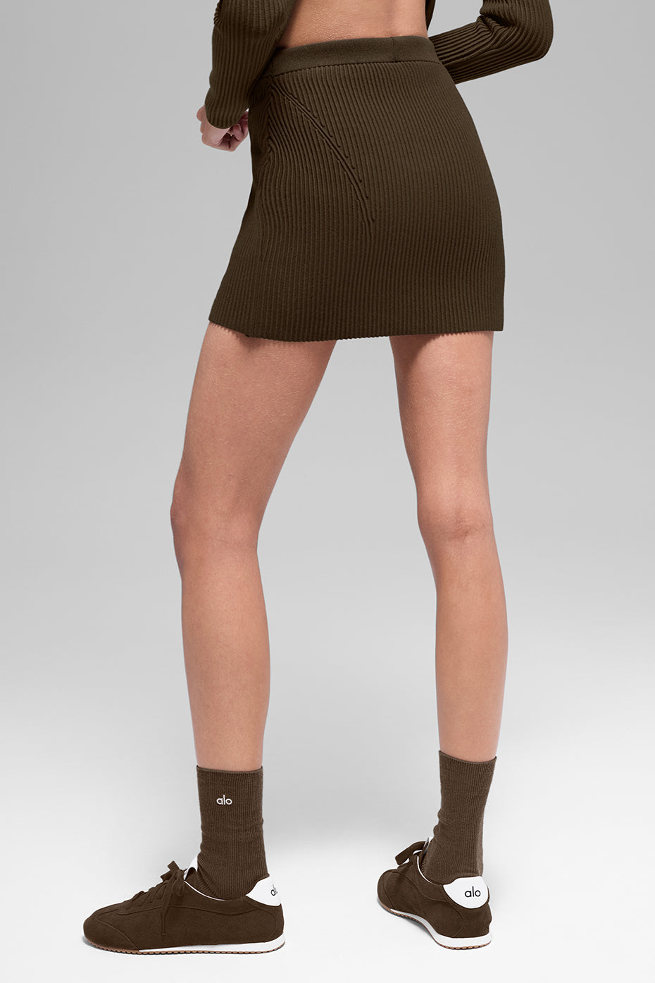 alo Denim Knit High-Waist Skirt - Espresso/Black