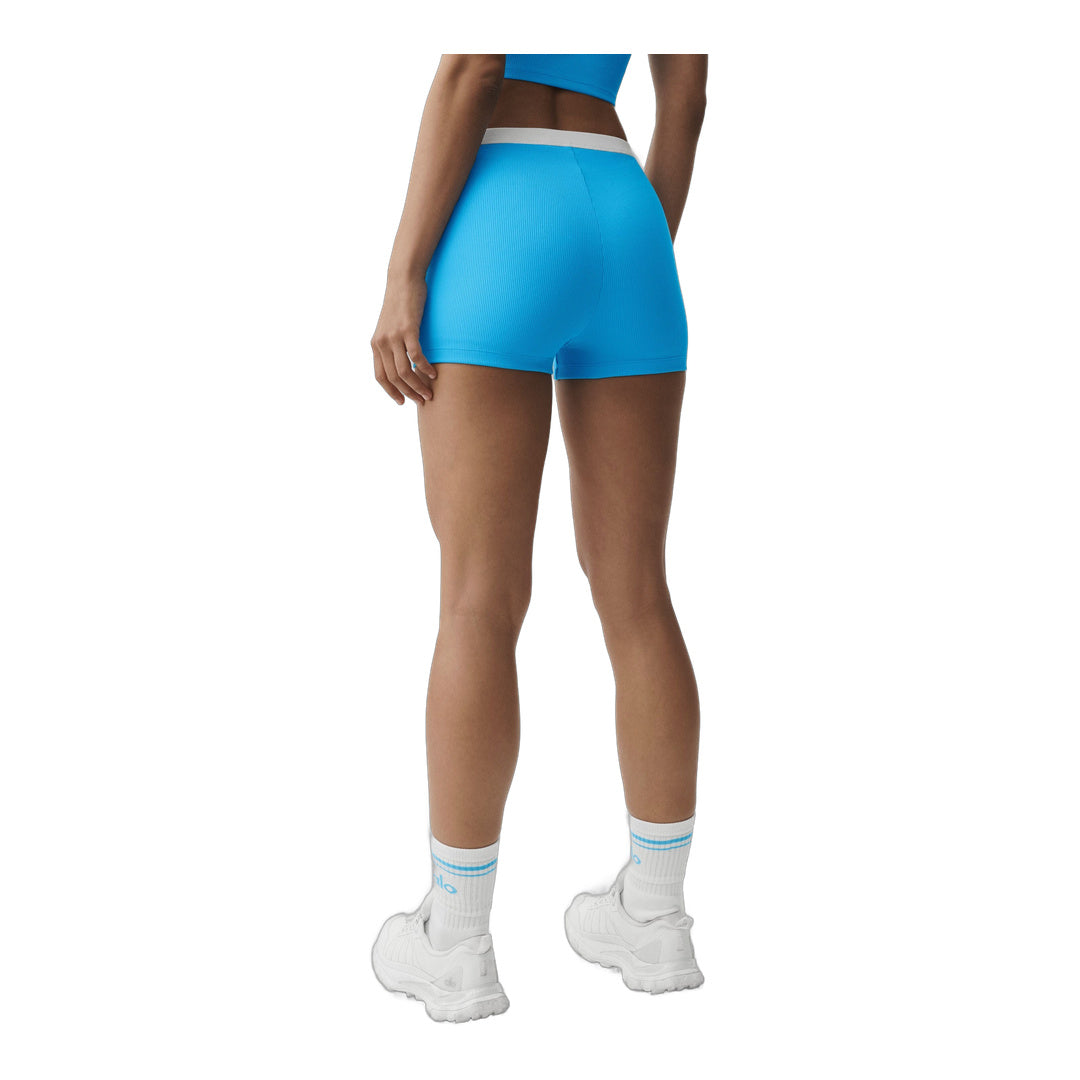 alo Goddess Ribbed High-Waist First Pick Short - Azure Blue/White