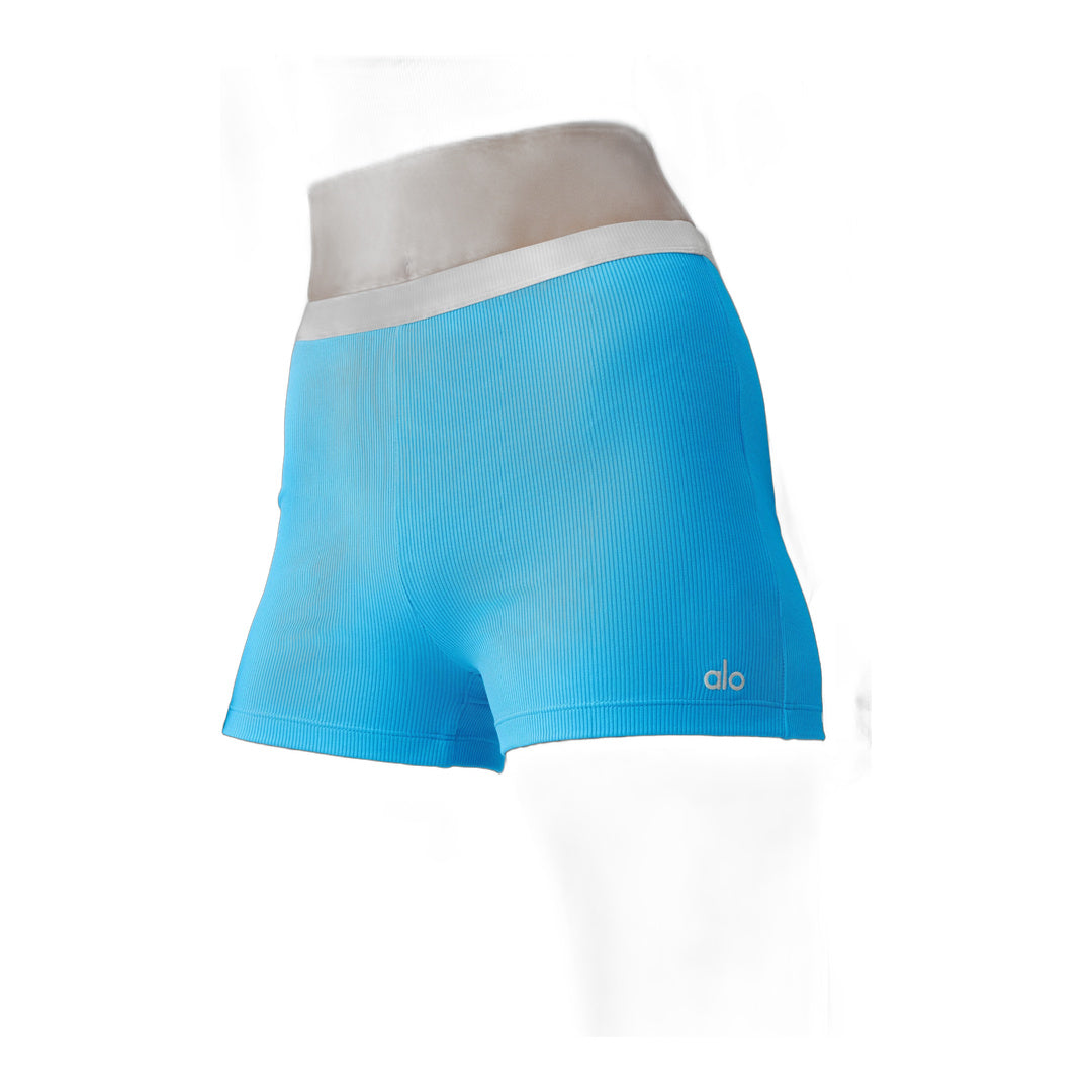 alo Goddess Ribbed High-Waist First Pick Short - Azure Blue/White
