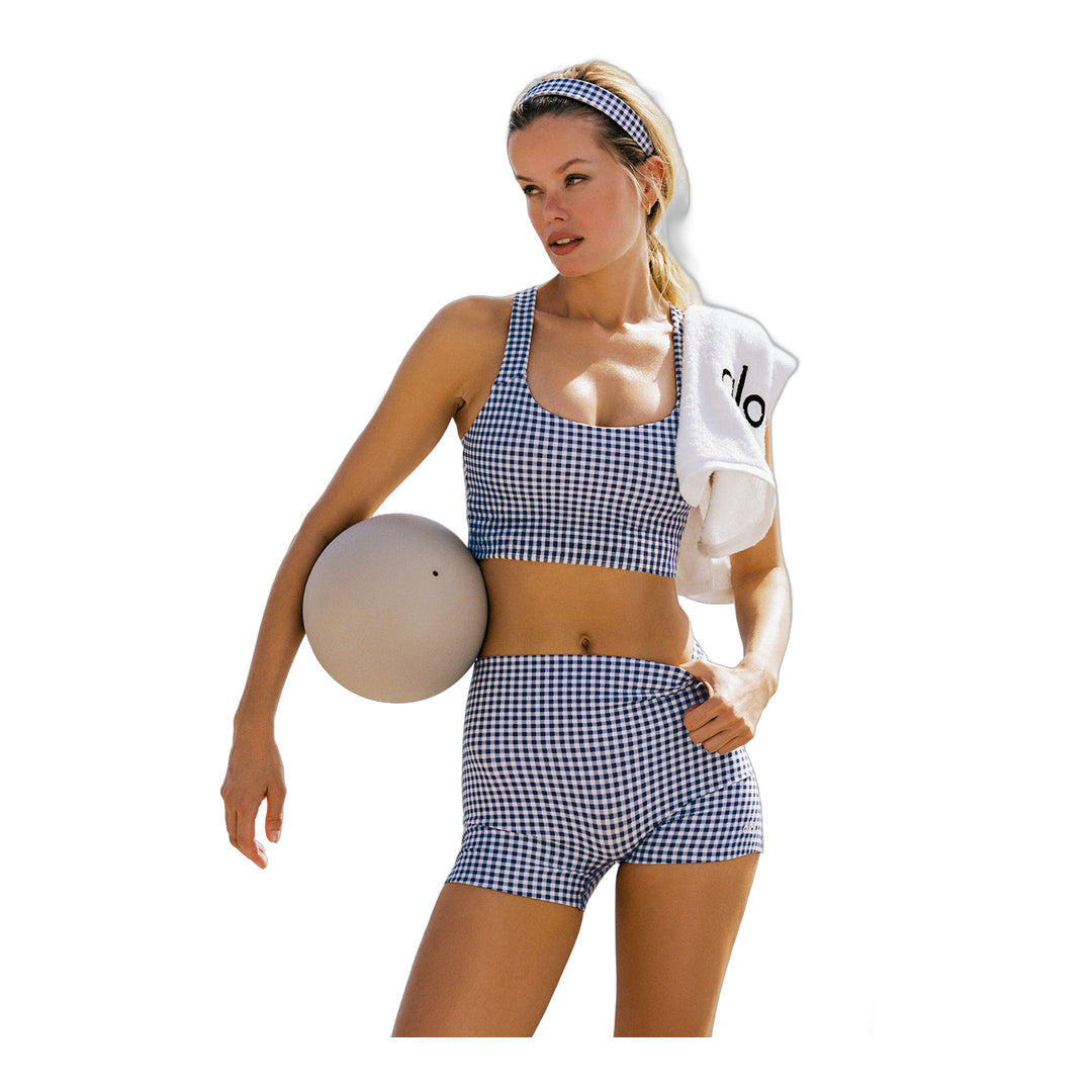 alo 3" Airlift Gingham High-Waist Sleek Short - Navy Gingham