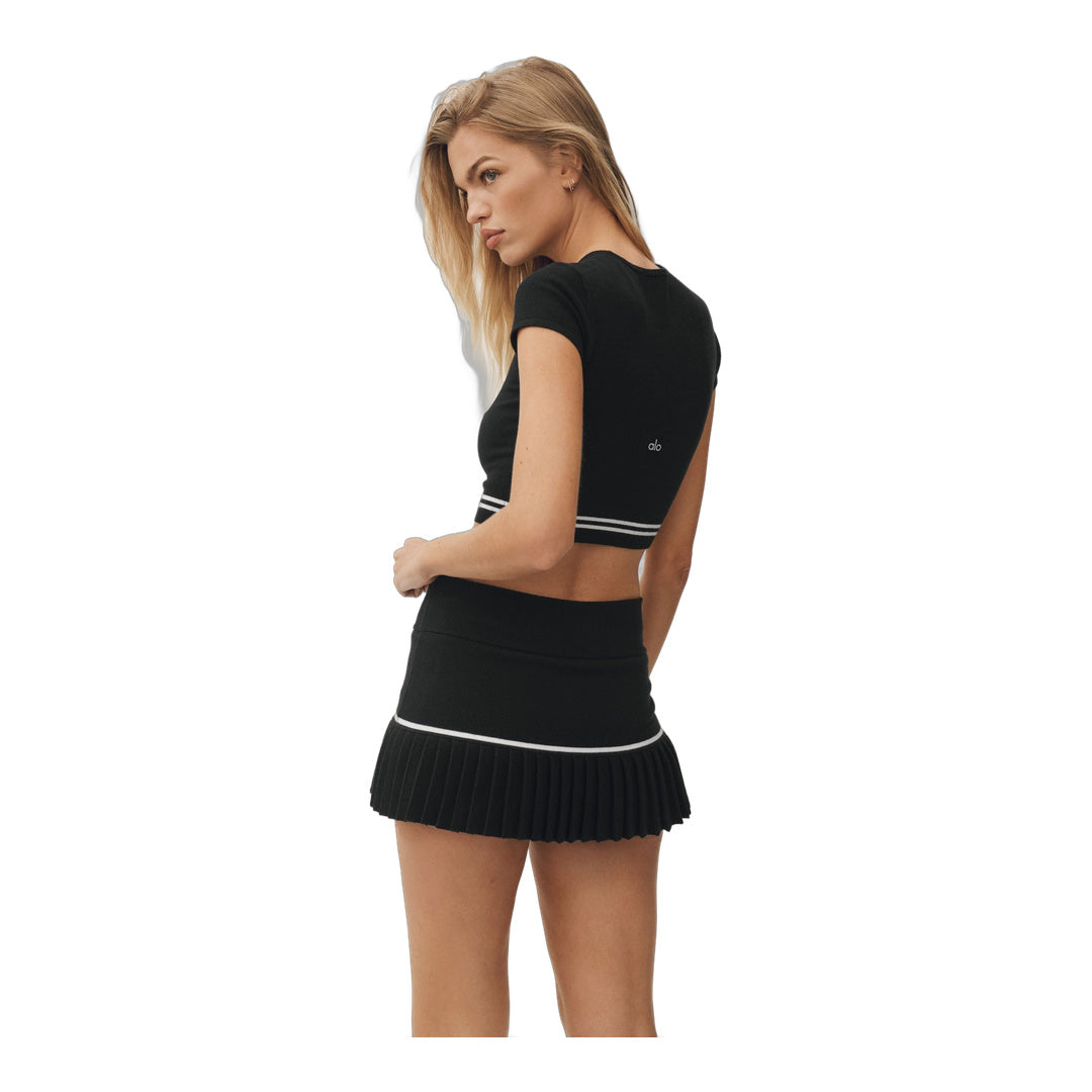 alo Cotton Cashmere High-Waist My Serve Tennis Skirt - Black/White