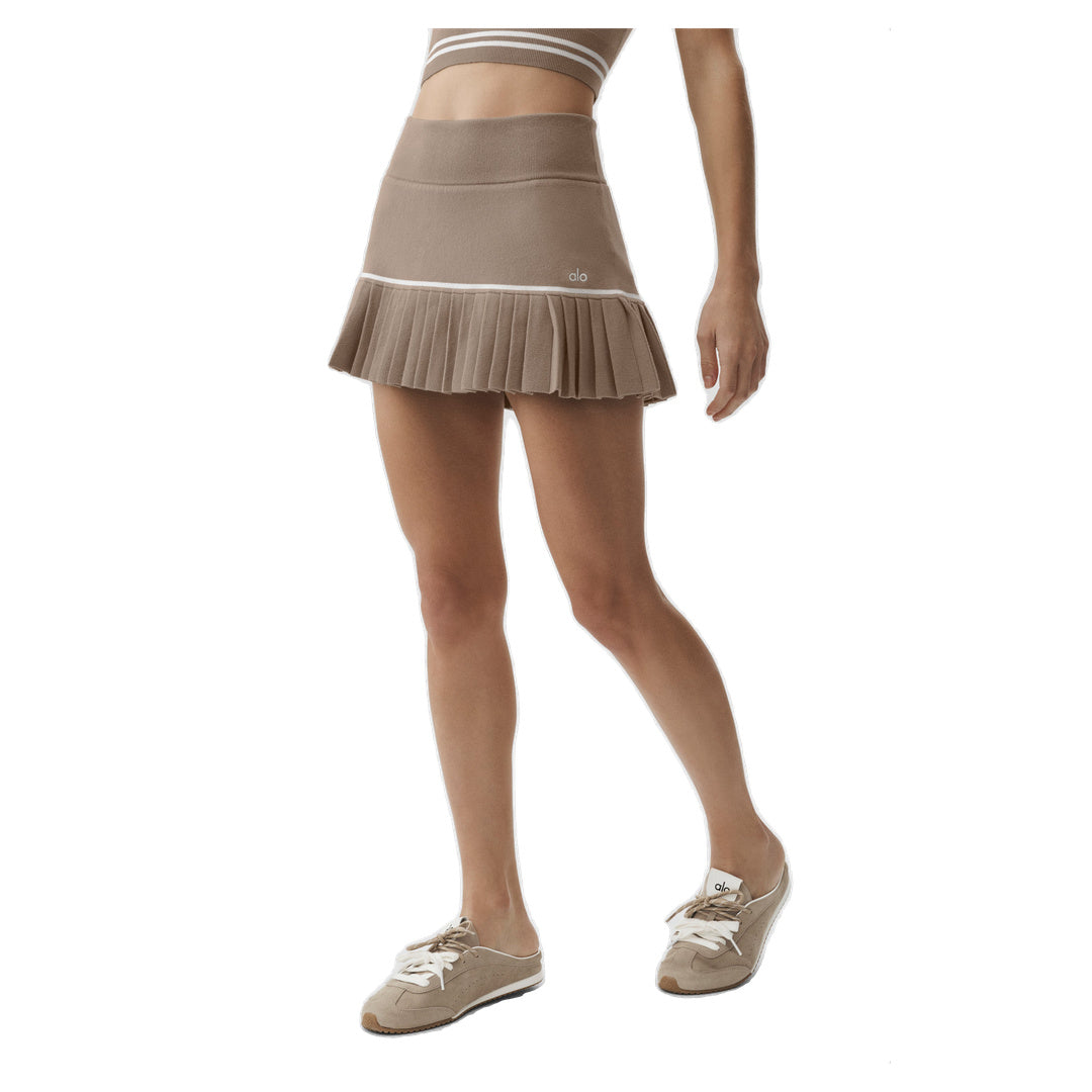 ALO Scholar Knit High-Waist My Serve Tennis Skirt - Gravel/White