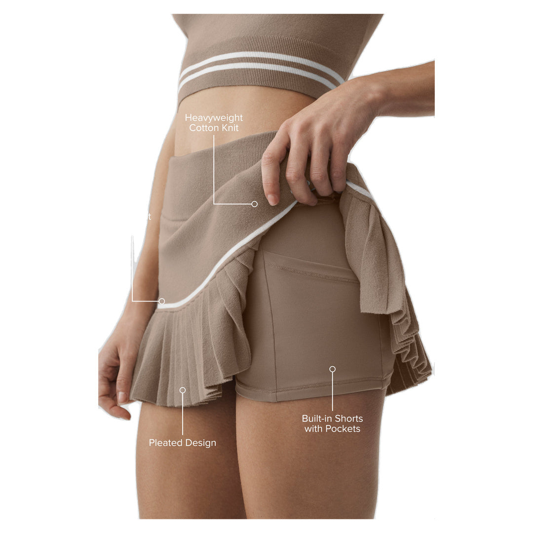 ALO Scholar Knit High-Waist My Serve Tennis Skirt - Gravel/White