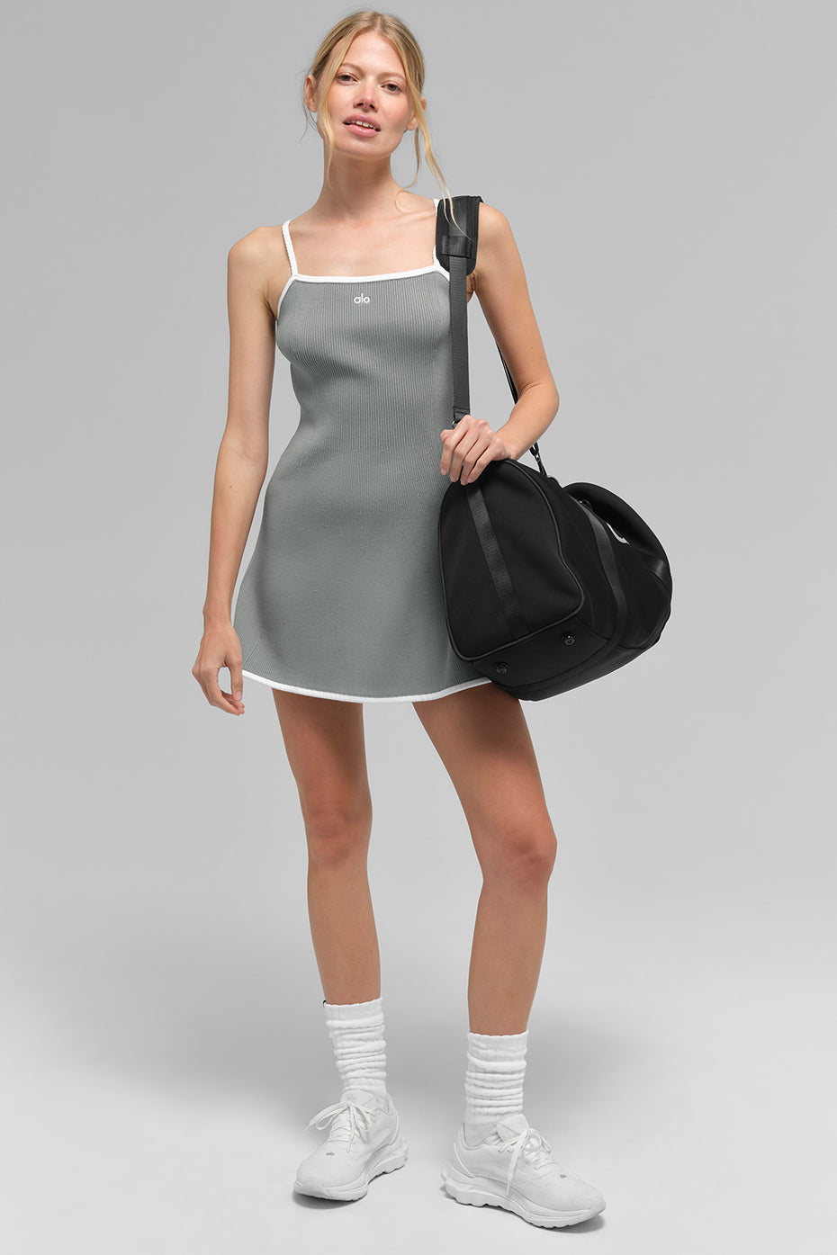 alo Ribbed Sweater Knit Highline Dress - Lunar Grey/White