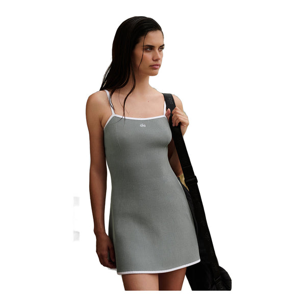 alo Ribbed Sweater Knit Highline Dress - Lunar Grey/White