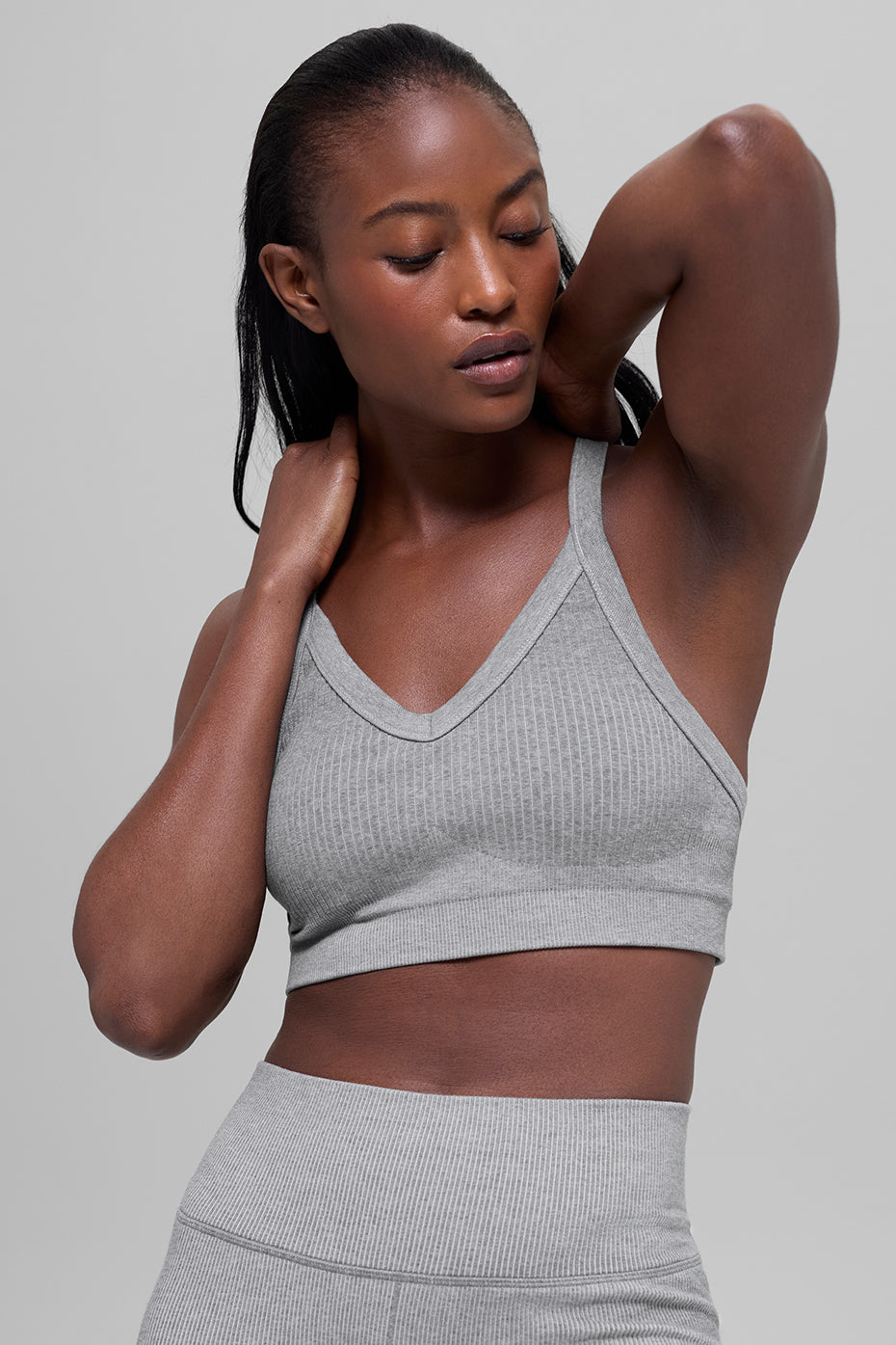 alo Seamless Two Tone Rib Bra - Light Misty Grey Heather