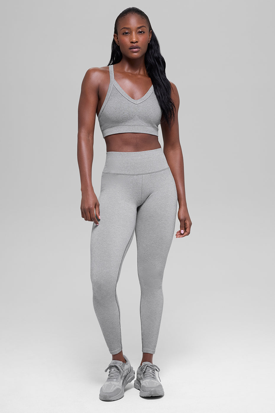 alo Seamless Two Tone Rib Bra - Light Misty Grey Heather