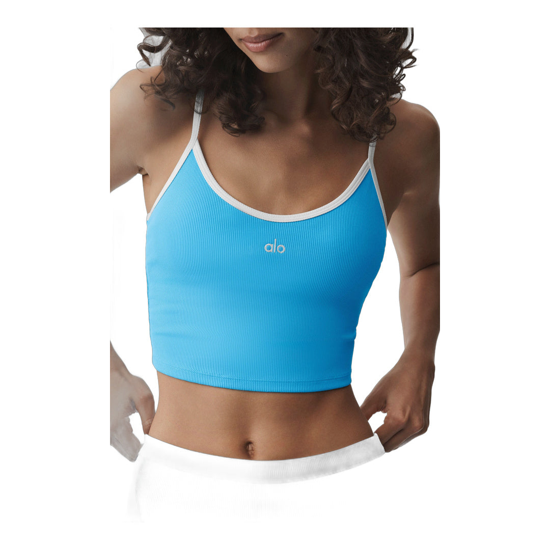 alo Goddess Ribbed First Pick Bra Tank - Azure Blue/White