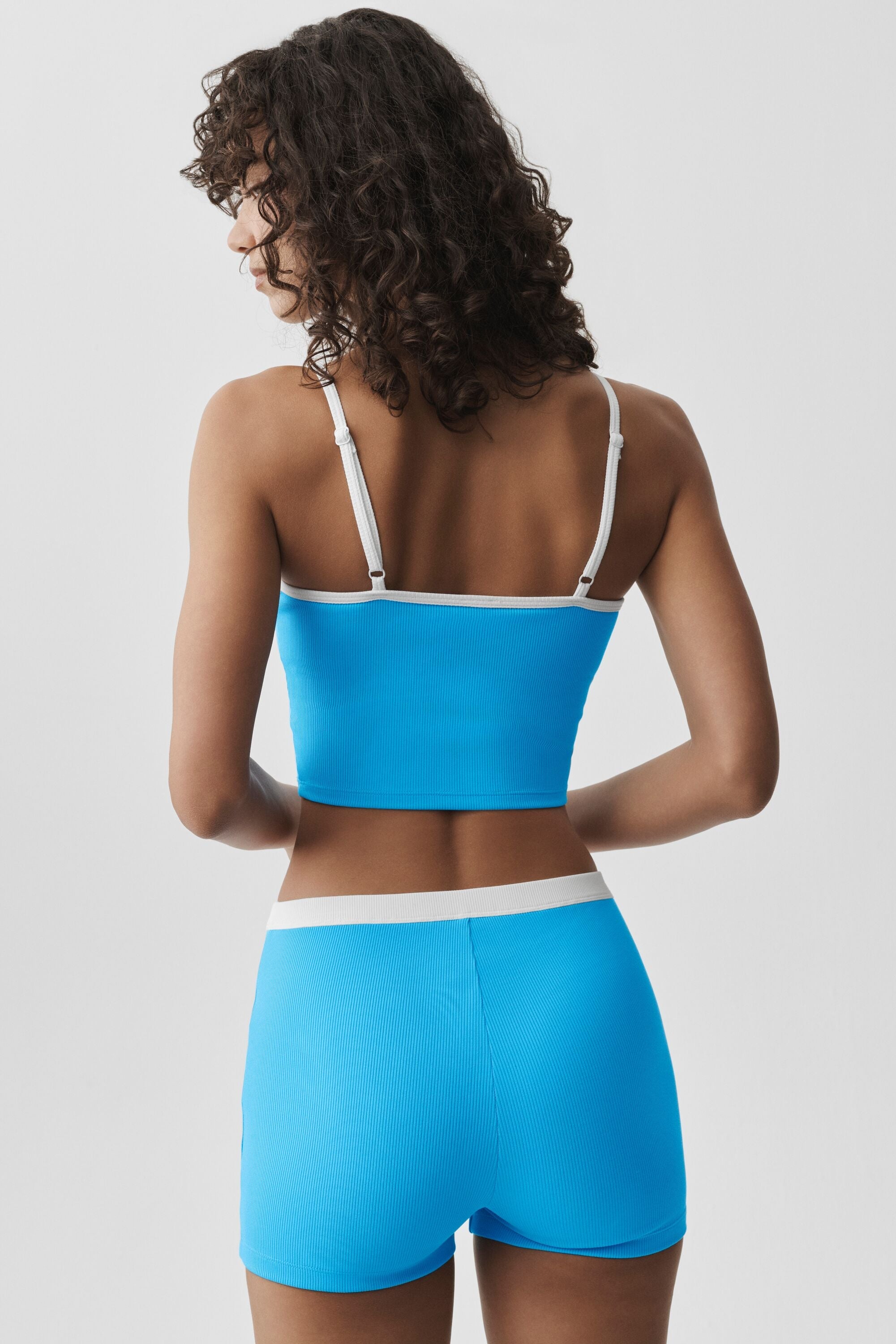 alo Goddess Ribbed First Pick Bra Tank - Azure Blue/White
