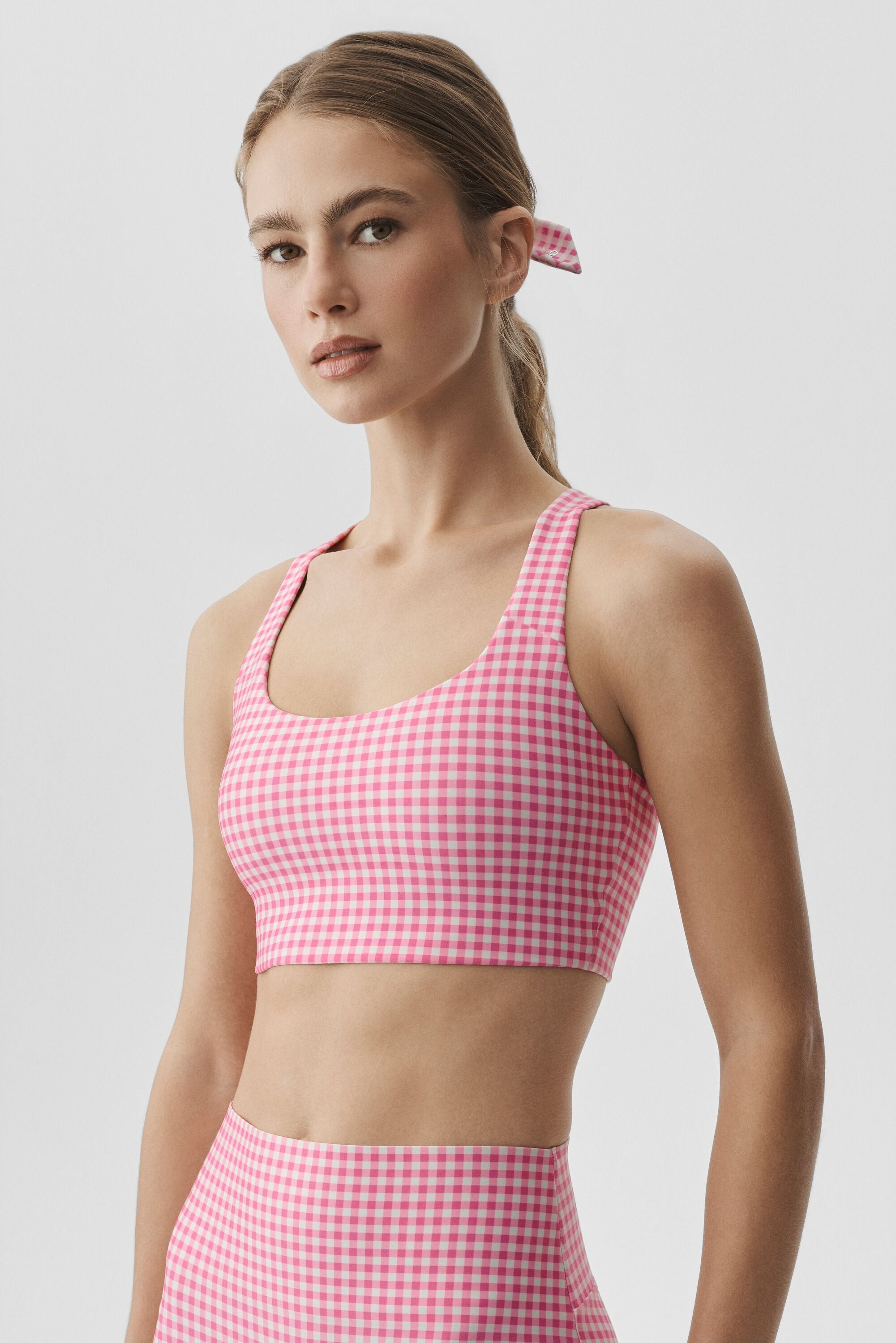 alo Airlift Gingham Sleek Bra Tank - Paradise Pink Gingham