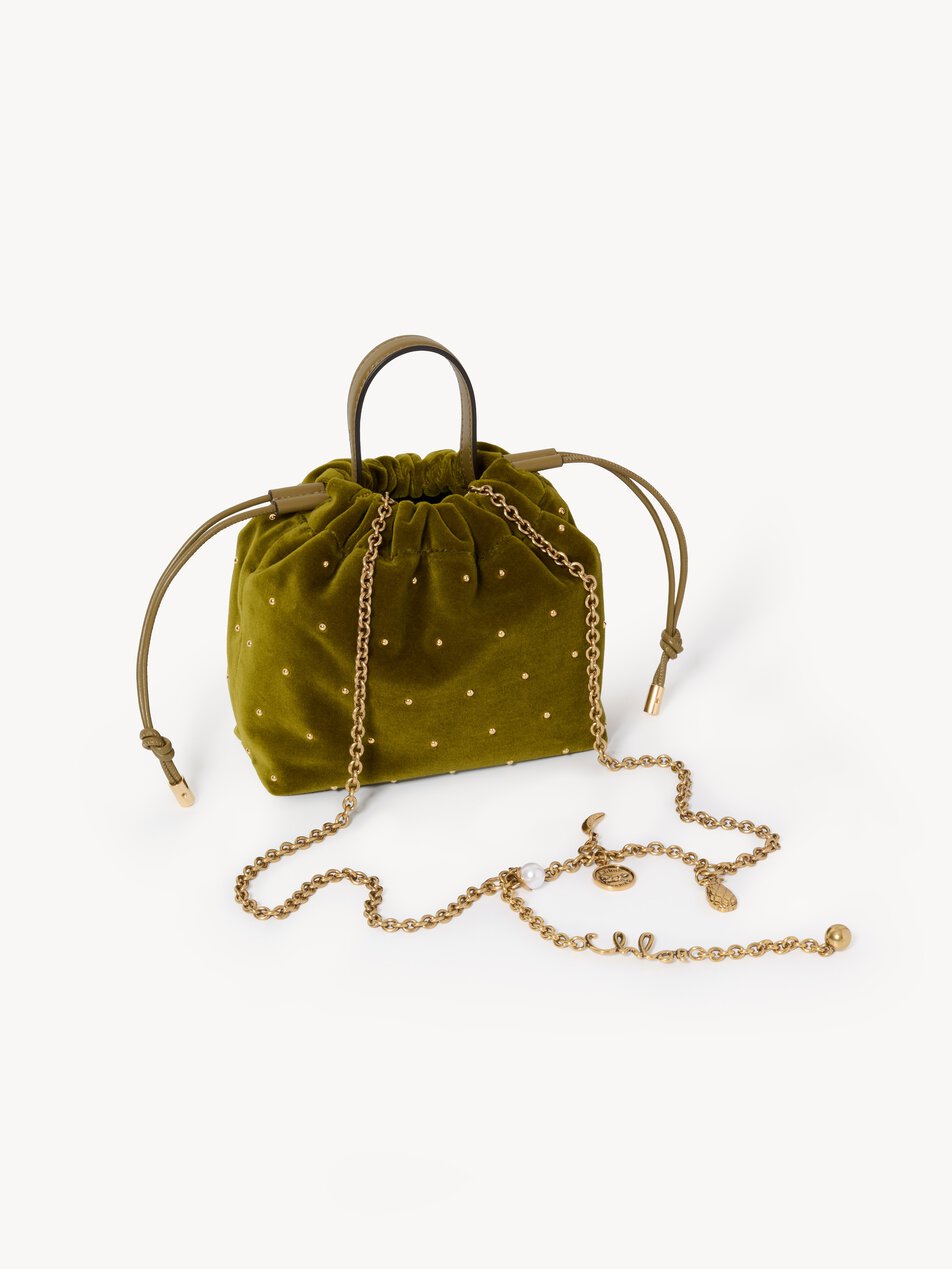 CHLOE Mini Chloé Icons shoulder bag with chain in velvet with studs Sweet Khaki