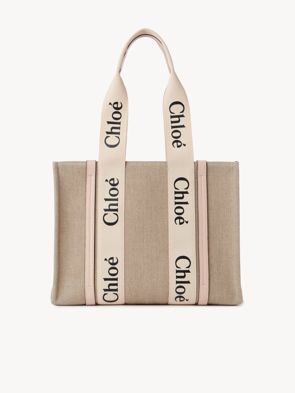 CHLOE Woody tote bag in linen Cement Pink