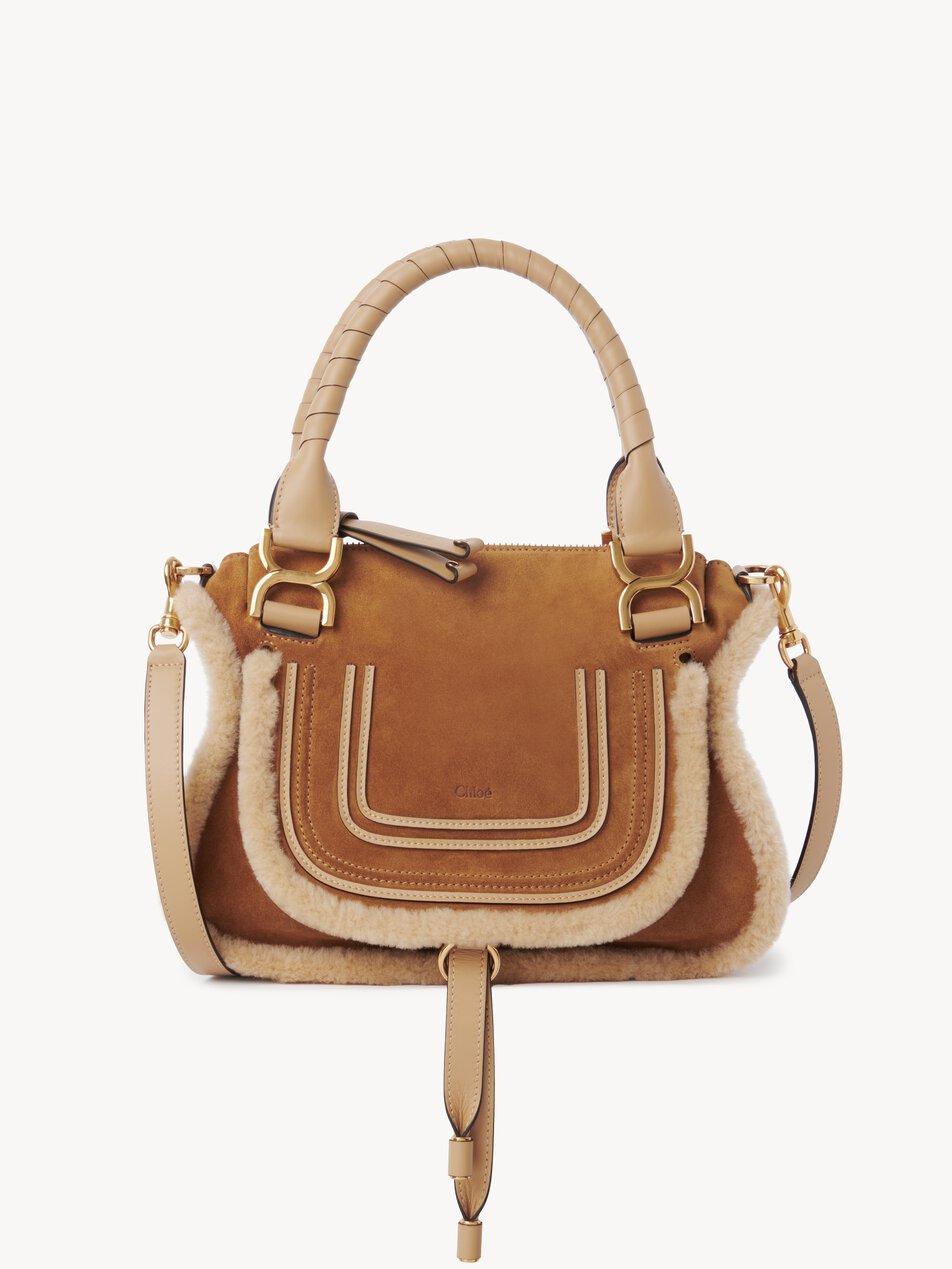 CHLOE Small Marcie bag in suede leather & shearling Summery Beige