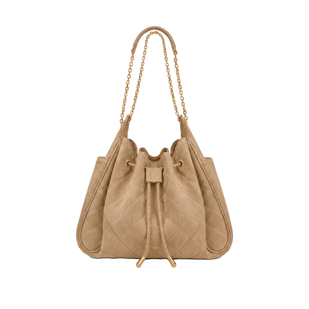 JW PEI Rowan Faux Suede Quilting Ruched Drawstring Chain Bucket Bag - Coconut Brown