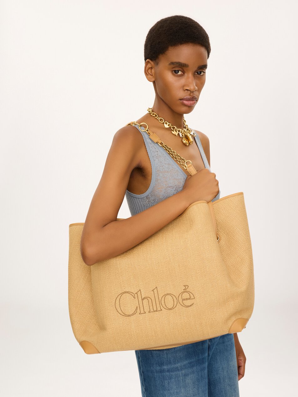 CHLOE Large Chloé Clover double carry bag in raffia-effect fibers Bleached Brown