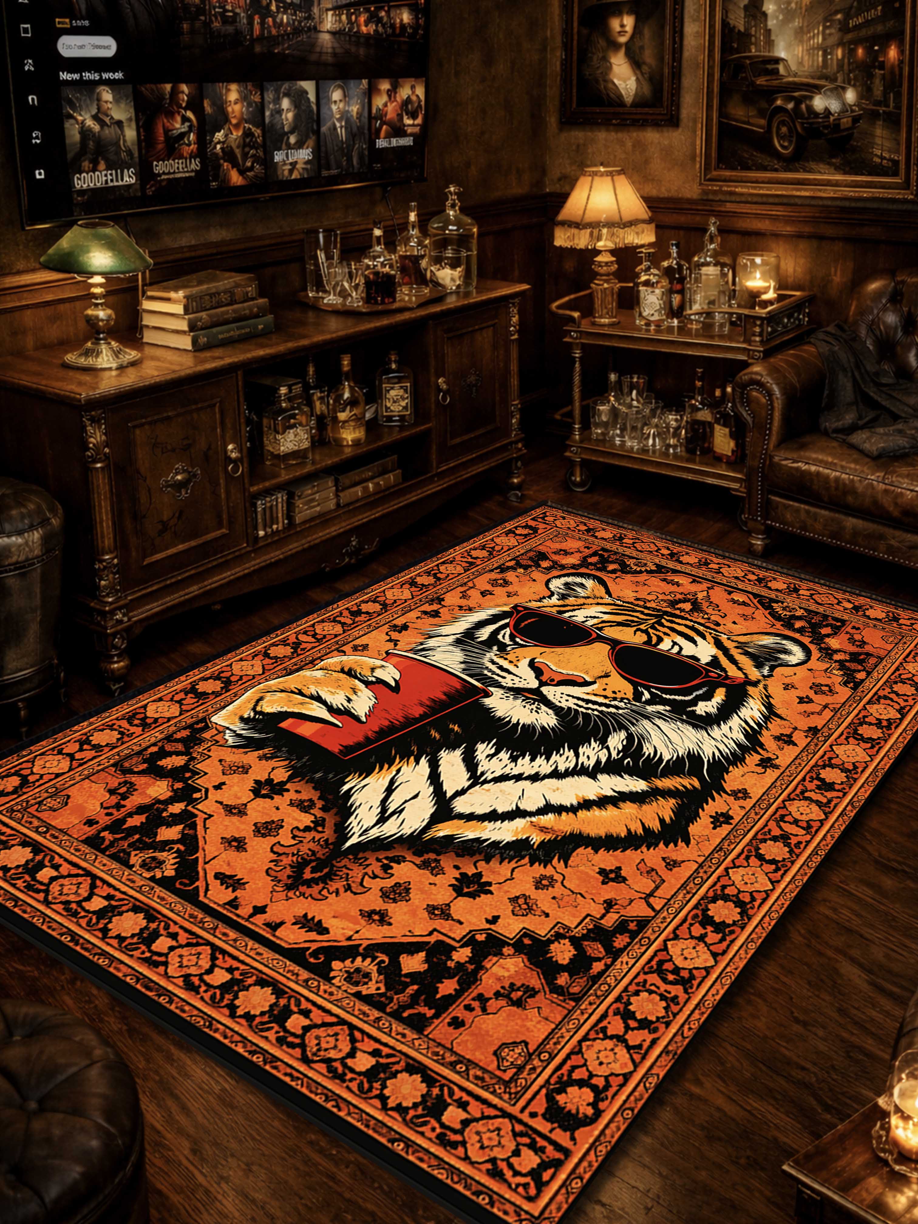 Orange Cool Tiger Traditional Washable Custom Rug