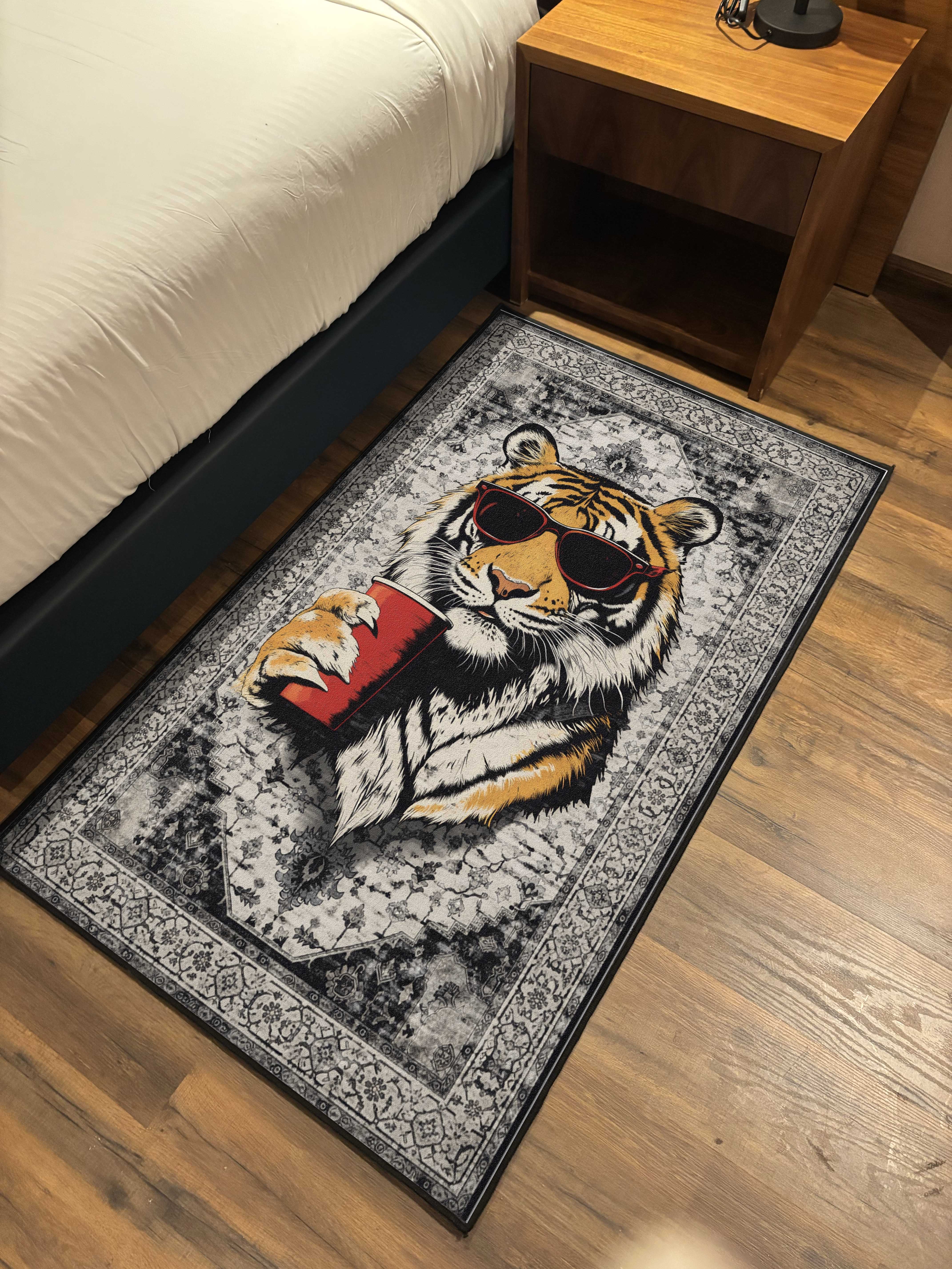 Grey Cool Tiger Traditional Washable Custom Rug
