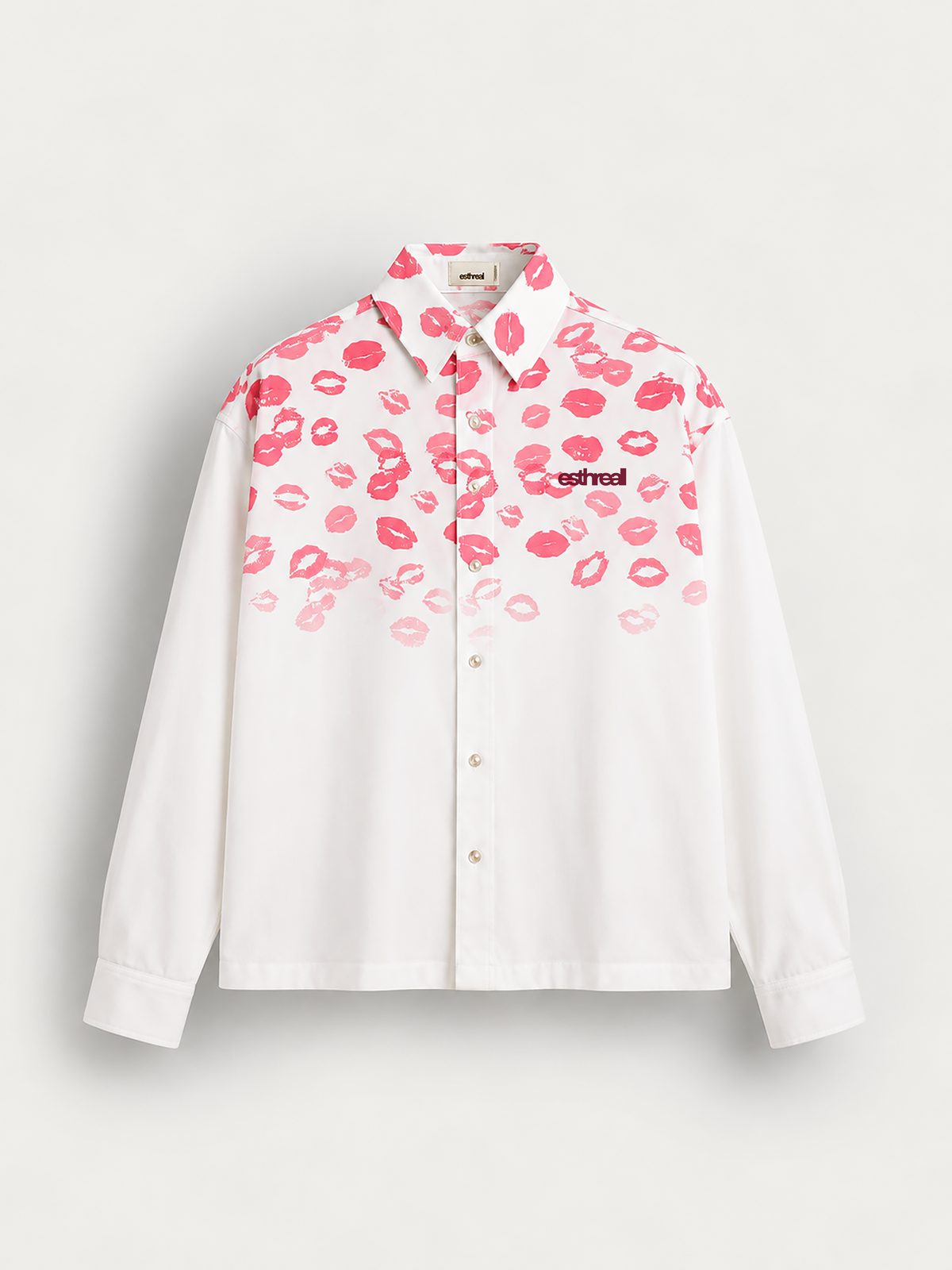 A white long-sleeve button-up shirt by esthreall with a pink lip print pattern across the upper chest and shoulders, featuring the esthreall logo on the left chest.