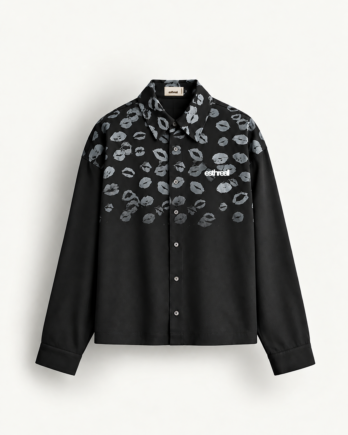 A black long-sleeve button-up shirt with a gray lip print pattern across the upper chest and shoulders, featuring a white 'GET YOURS' text graphic on the left chest, displayed against a light gray background.