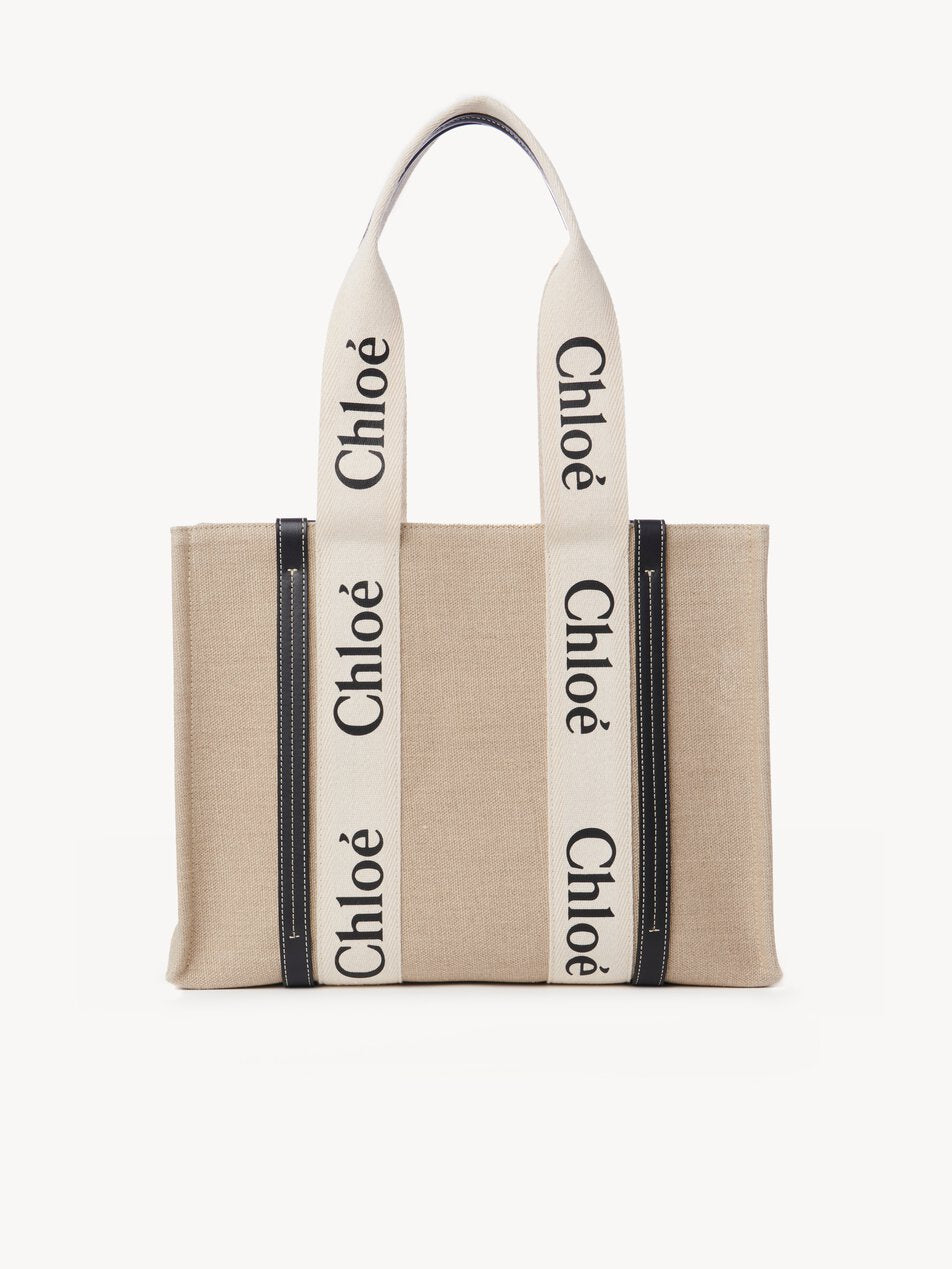 CHLOE Woody tote bag in linen White - Blue