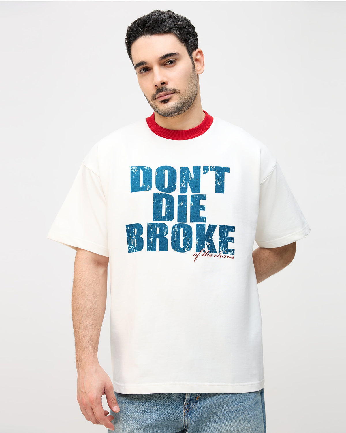 DONT DIE BROKE RINGER T-SHIRT - OFF WHITE/RED