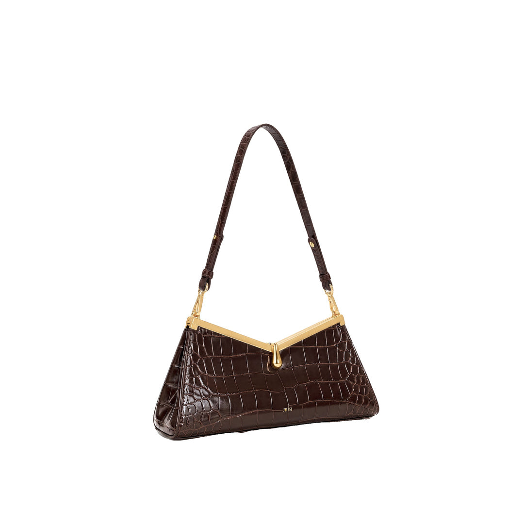 JW PEI Nerina V-Frame Shoulder Bag - Dark Brown Croc