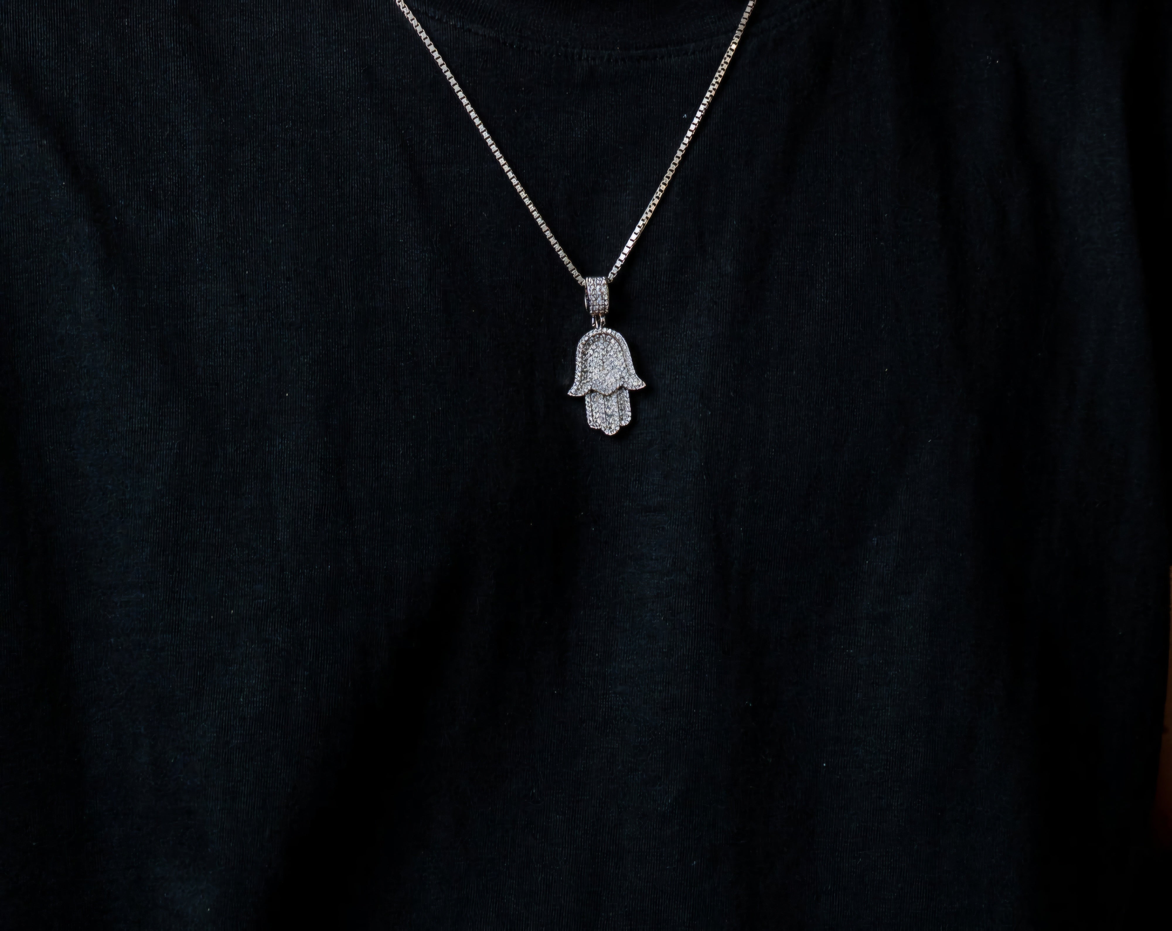 Hamsa Hand Frozen Iced Cross in 14k white gold with rope chain