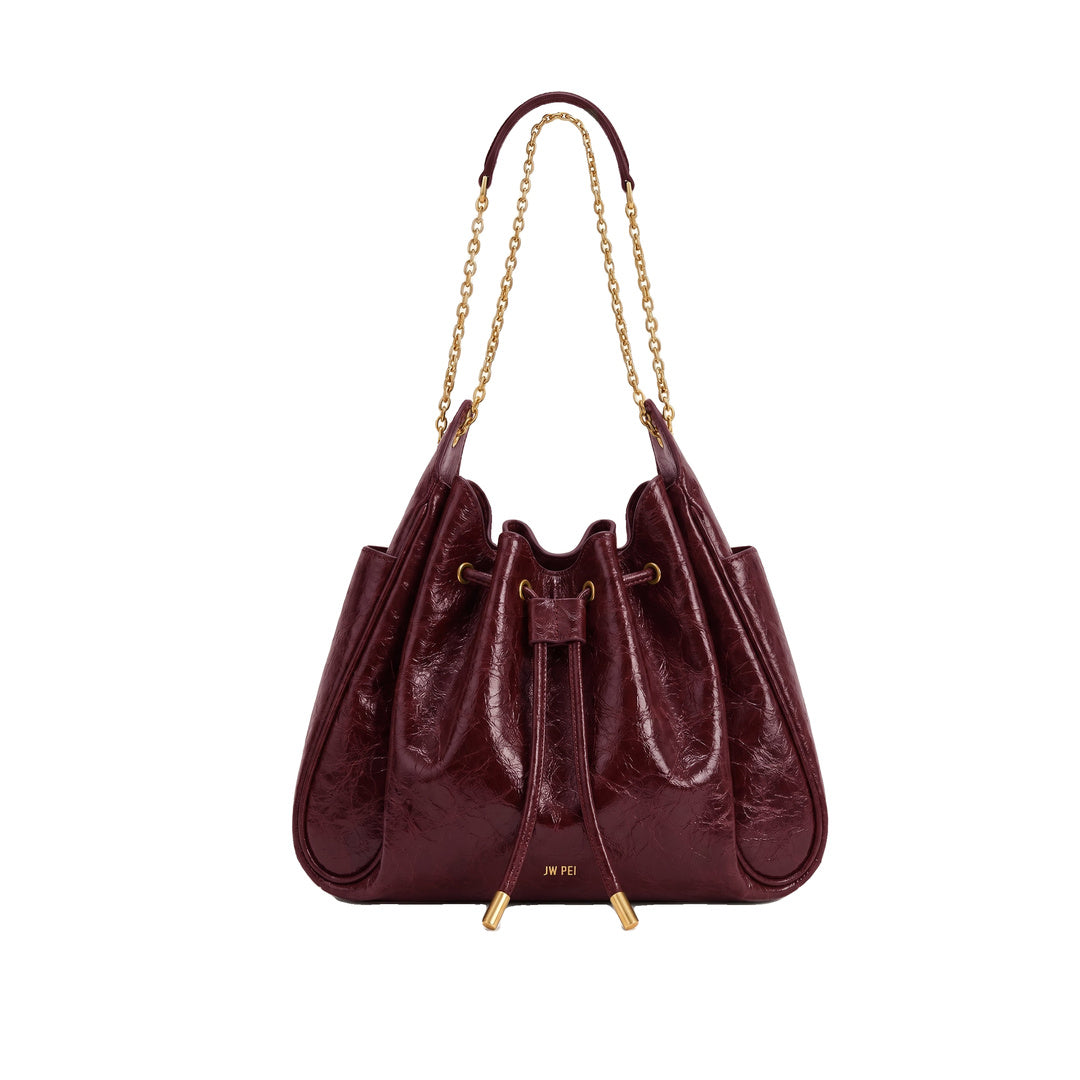 JW PEI Rowan Ruched Drawstring Chain Bucket Bag - Vermilion Red