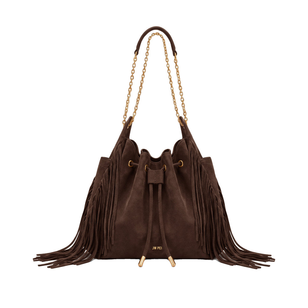 JW PEI Rowan Faux Suede Tassel Ruched Drawstring Chain Bucket Bag - Amber Brown