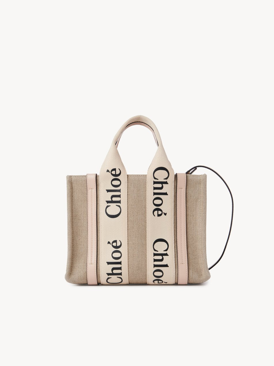 CHLOE Small Woody tote bag in linen Cement Pink