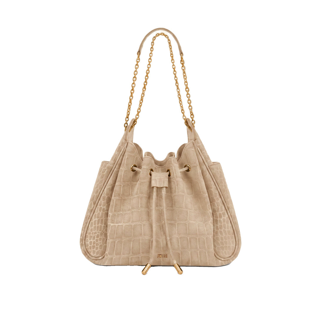 JW PEI Rowan Faux Suede Drawstring Chain Bucket Bag - Camel Croc