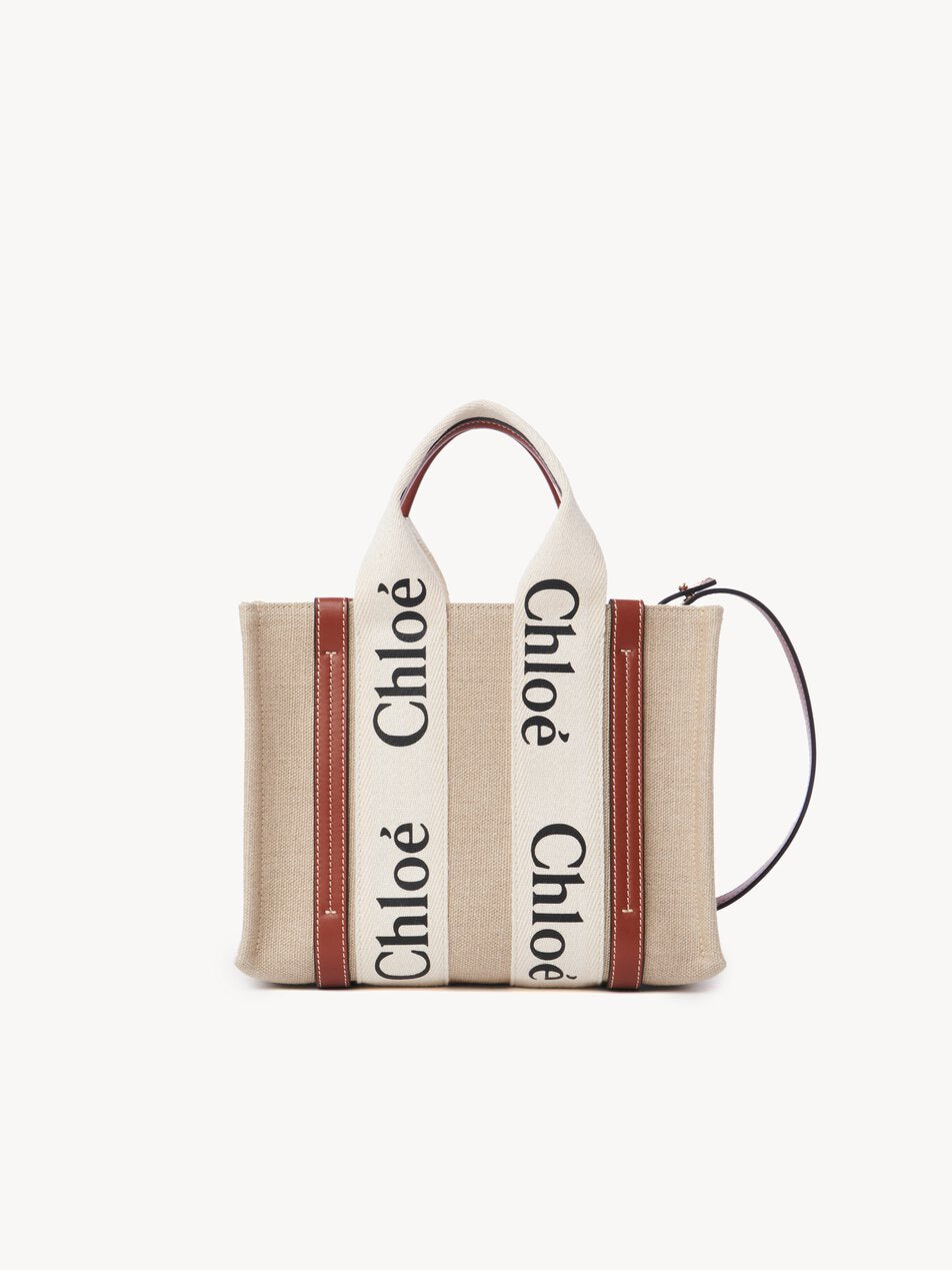 CHLOE Small Woody tote bag in linen White - Brown