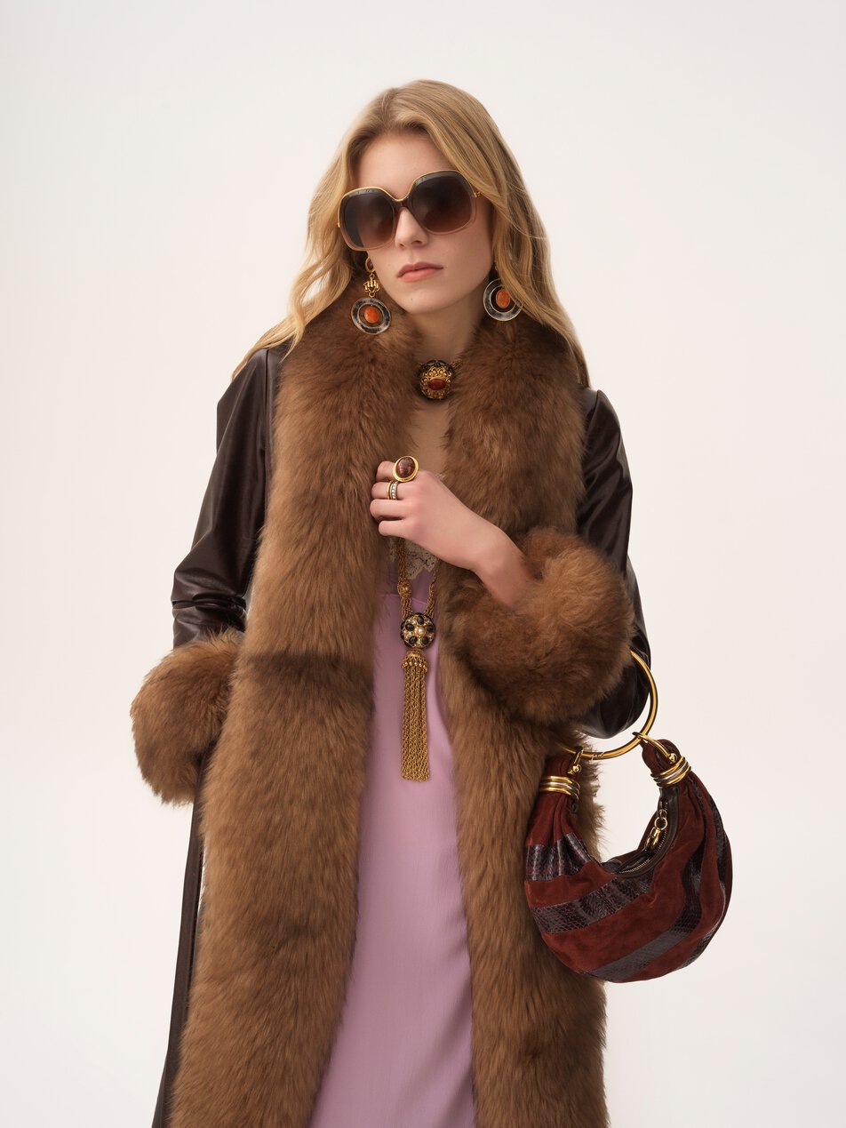 CHLOE Mini Bracelet Hobo bag in suede leather & snakeskin Crafty Brown
