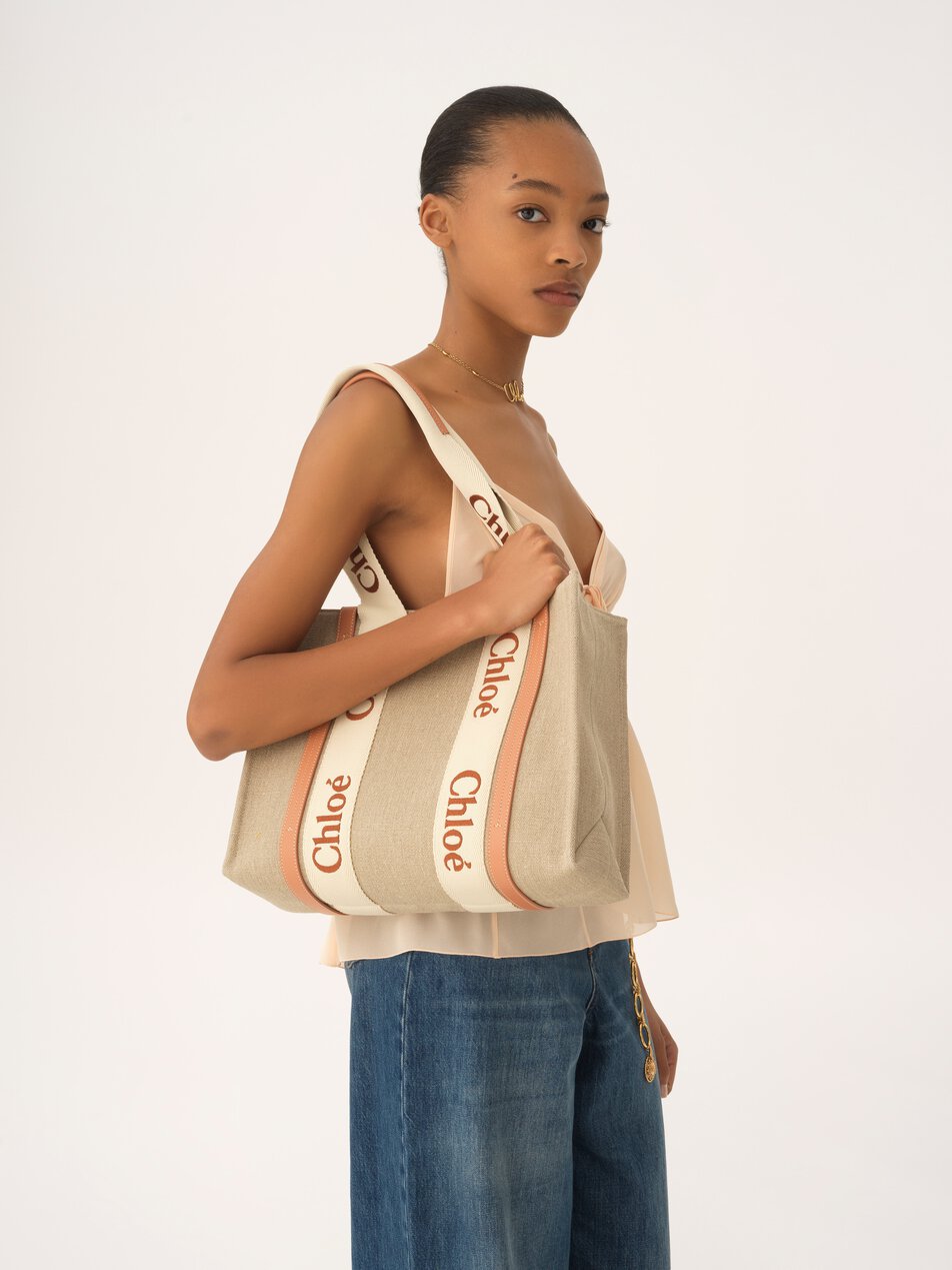 CHLOE Woody tote bag in linen Wooden Orange