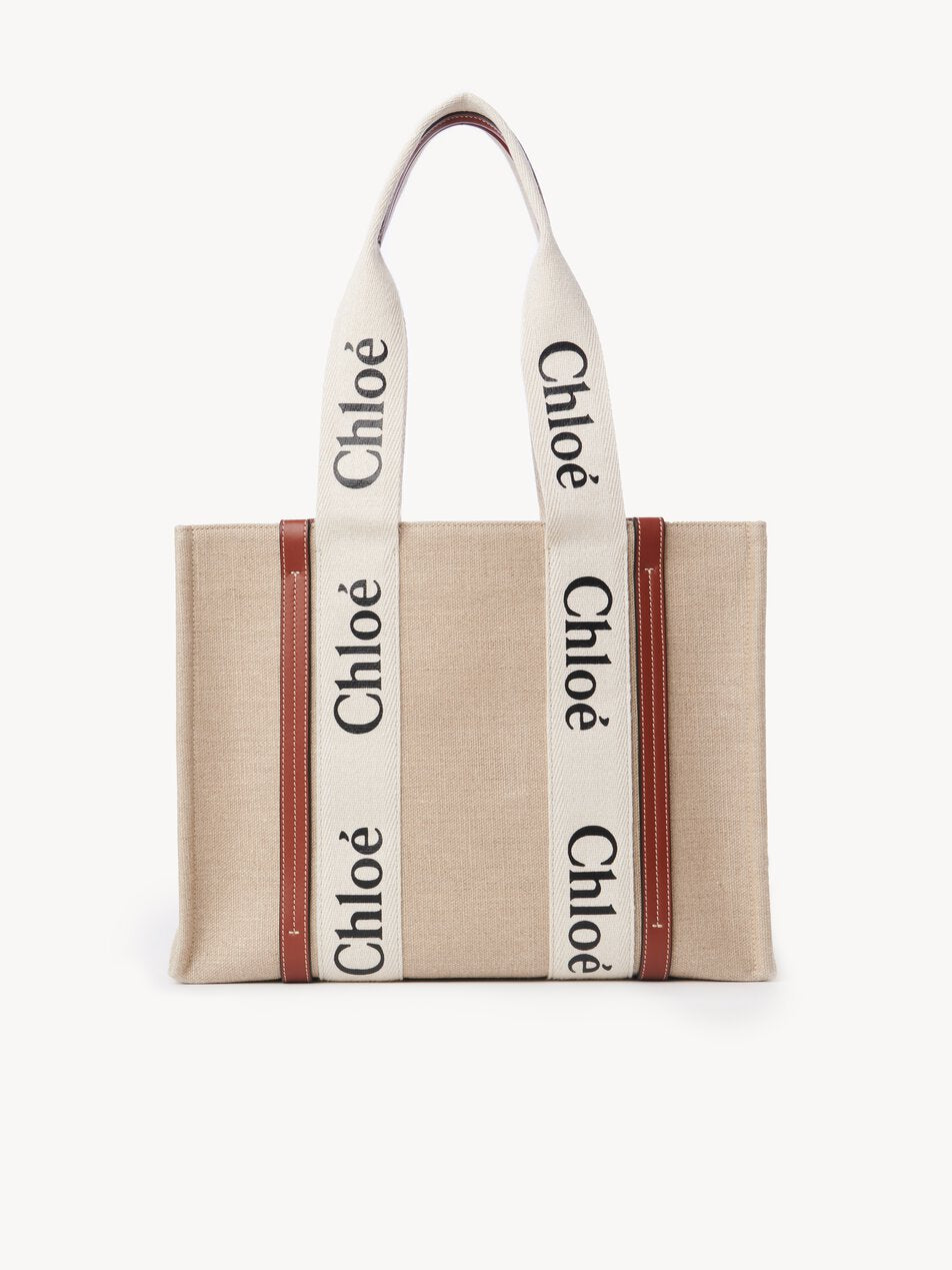 CHLOE Woody tote bag in linen White - Brown